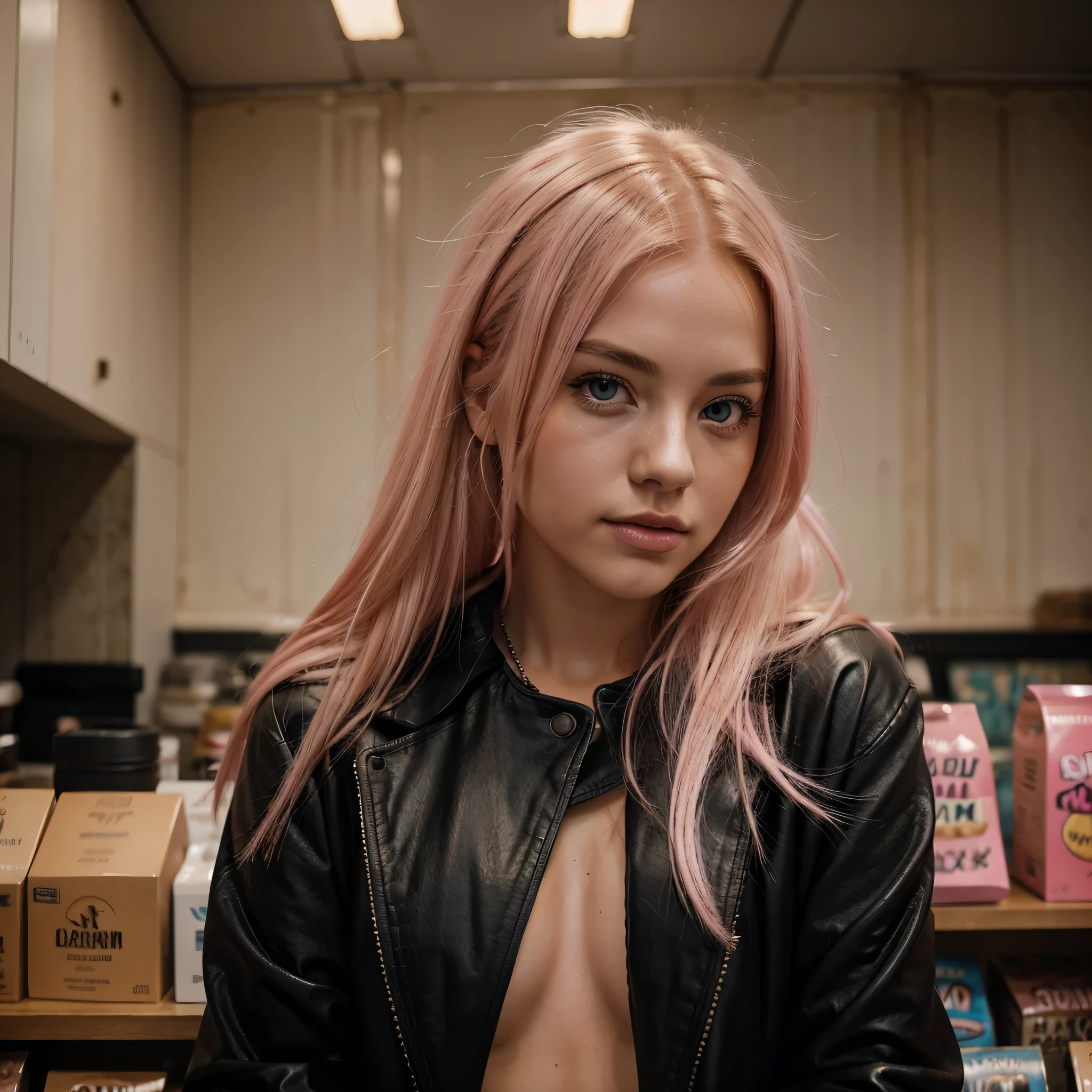 photo of a young beatiful blonde shiny pink hair woman , she giving different poses, light pink eyes,wearing black coat jacket low quality image, exhibiting a grainy texture, jpg artifacts, film grain, gritty, raw aesthetic, 80's store, wide angle, far look camera