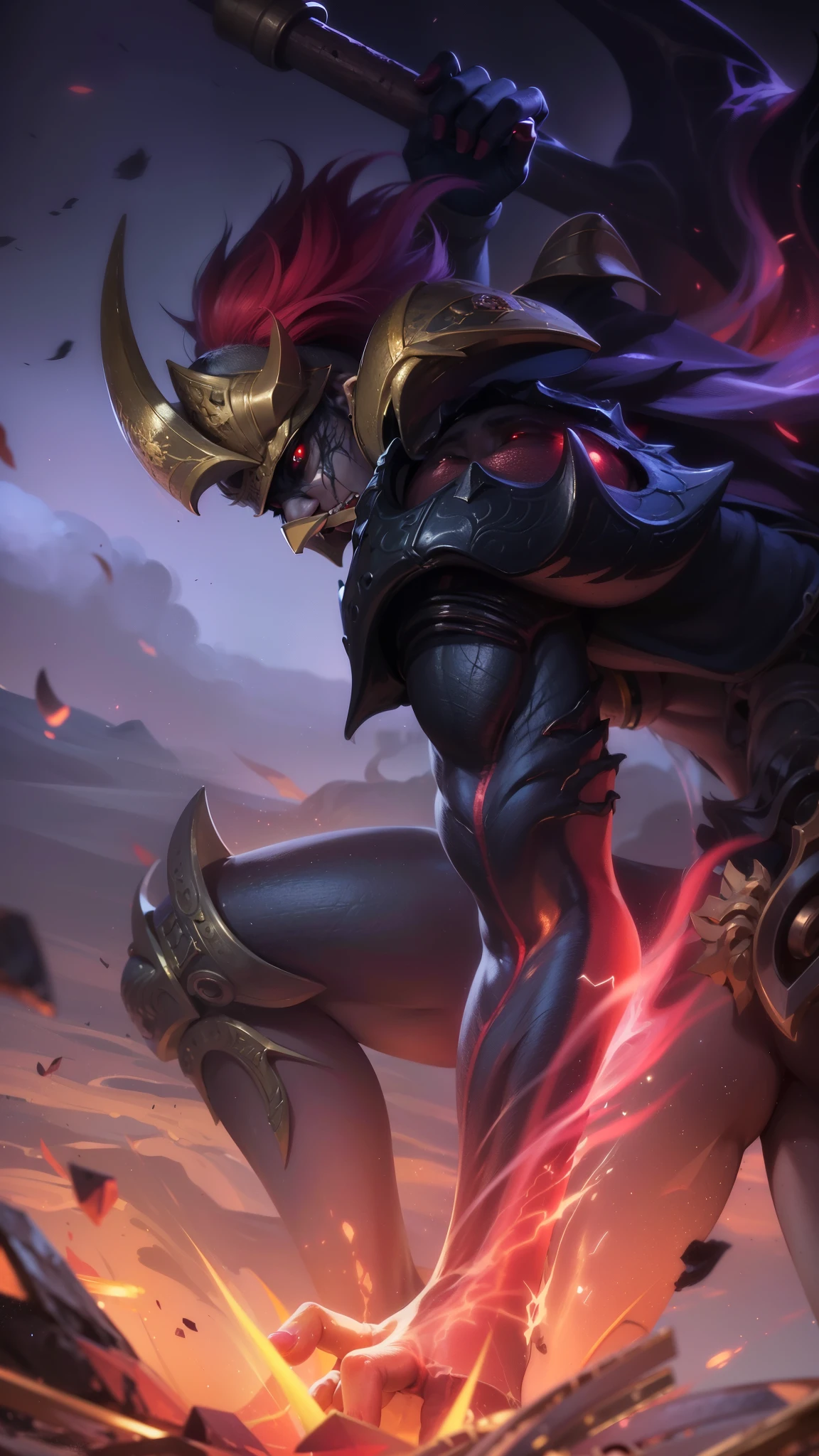 masculine male, masterpiece, ((perfect eyes)) best quality, (semirealism:1.9), beautiful lighting, (extremely detailed CG unity 4k fhd wallpaper), High Detail, Sharp focus, dramatic outdoors, 25 years old, white short hair, Boy with two big horns, big earrings on ears, elf ear, red eyes, Thick eyebrows, evil smile, grinning, red body, red face, Burning skin, yellow diamonds glistening on chest, burning red skin, golden robe behind, big white belt, 8k, realistic, tato, scary, strong red eye glow (red eye:1.2).
