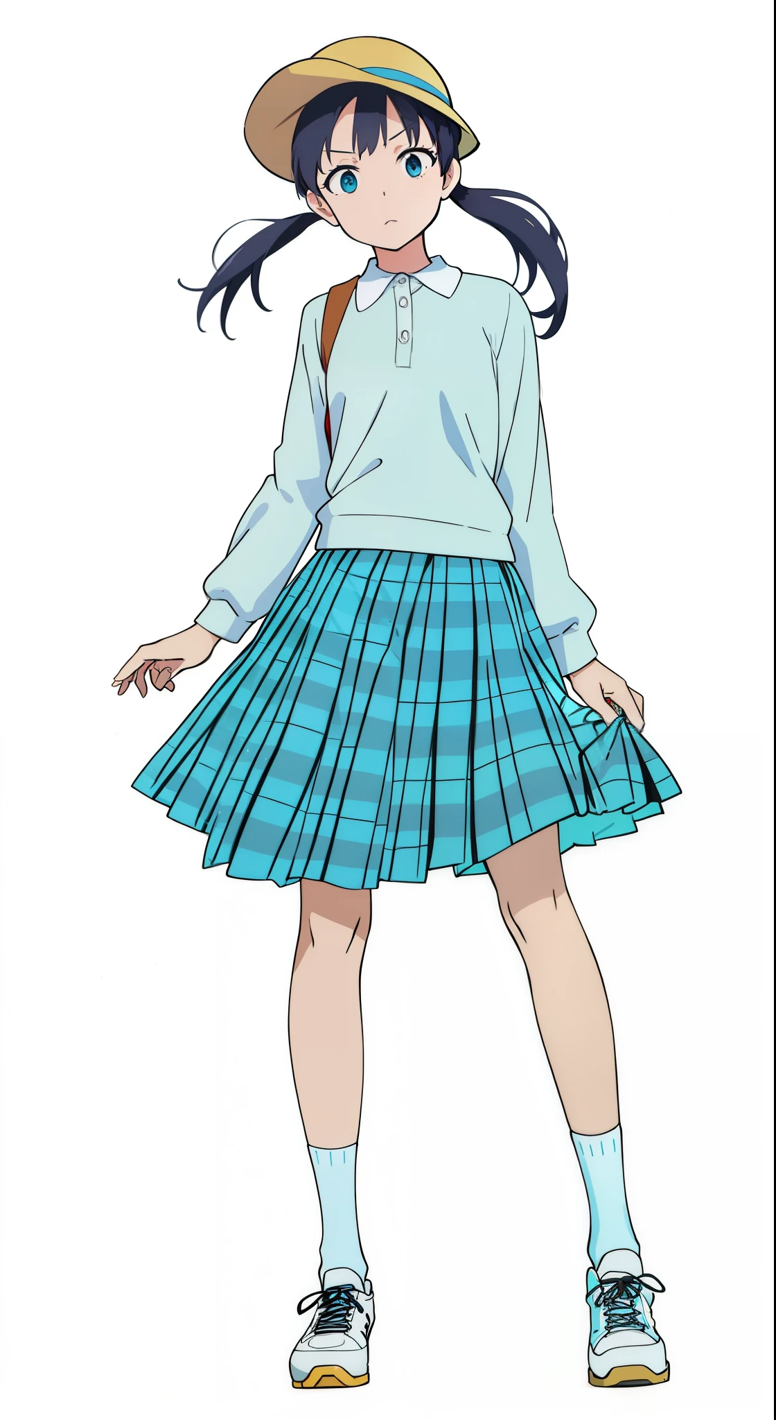 (white background:1.0), (best quality:1.0), (masterpiece:1.0), (super fine illustration:1.0), (beautiful artwork:1.0), (anime screencap:1.0), (official art:1.0), (full body:1.0), (solo:1.0), (ESGA:1.0), (a  cute girl:1.0), (yellow hat:1.25), (red backpack:1.0), (long skirt:1.5), (green tartan skirt:1.0), (pleated skirt:1.0), (aqua blue polo shirt:1.0), (long sleeve polo shirt:1.0), (sneakers:1.0), (white socks:1.25), (ideal ratio body proportions:1.25), (lanky:1.25), (tall:1.25), (slender:1.25), (small breasts:1.25), (smaller face:1.25), (tareme:1.0), (detailed beautiful eyes:1.0), (detailed beautiful face:1.0), (glowing black eyes:1.0), (short hair:1.0), (low twintails:1.25), (black hair:1.0), (looking at viewer:1.0)