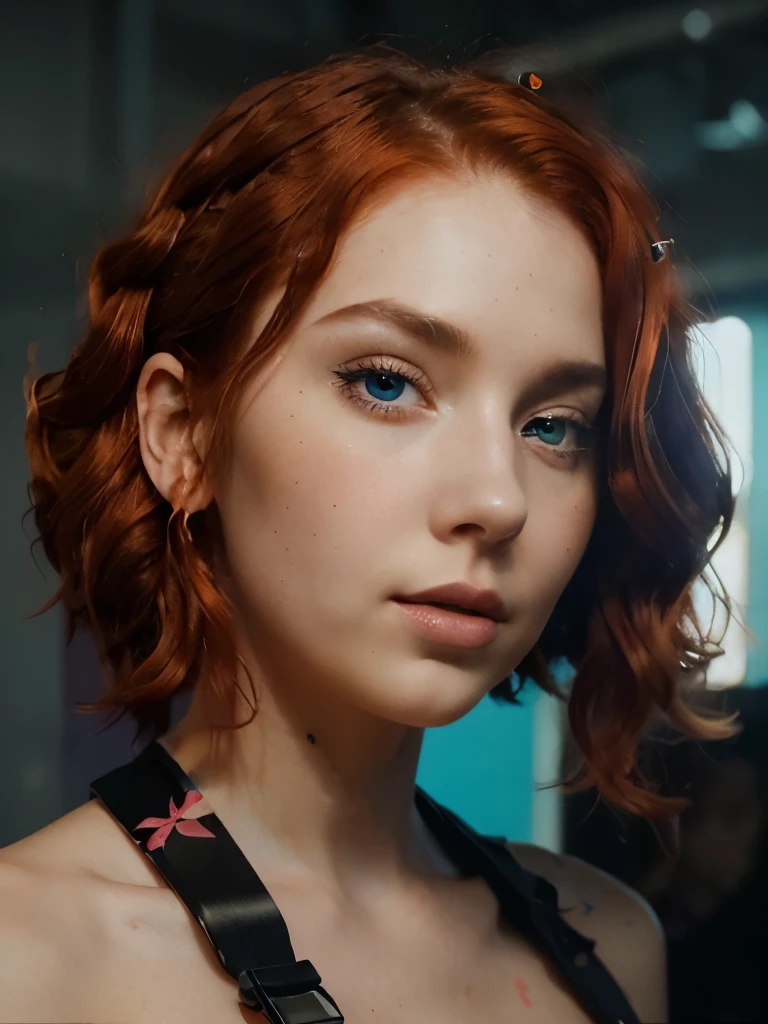 face of a beautiful futuristic girl of about 22 years old.
Her nose, redder than the rest of her skin, contrasting with the rest of her pale skin.
Her eyes are very, very large and brighter than a normal human being, magnetic brightness.
The electric blue colored eyebrows are large and exaggerated, painting a portrait of intense expression. expressive form, charming face.
(((pastel red wavy hair))). some beads and colored ribbons woven into her short hair. her face has a contemporary and futuristic look.
Her lips, painted in bold shades of bright orange. Their chromatic intensity completes the extraordinary ensemble, giving an aura of glamor and sophistication to this girl with her memorable face.