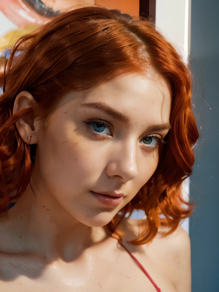 face of a beautiful futuristic girl of about 22 years old.
Her nose, redder than the rest of her skin, contrasting with the rest of her pale skin.
Her eyes are very, very large and brighter than a normal human being, magnetic brightness.
The electric blue colored eyebrows are large and exaggerated, painting a portrait of intense expression. expressive form, charming face.
(((pastel red wavy hair))). some beads and colored ribbons woven into her short hair. her face has a contemporary and futuristic look.
Her lips, painted in bold shades of bright orange. Their chromatic intensity completes the extraordinary ensemble, giving an aura of glamor and sophistication to this girl with her memorable face.