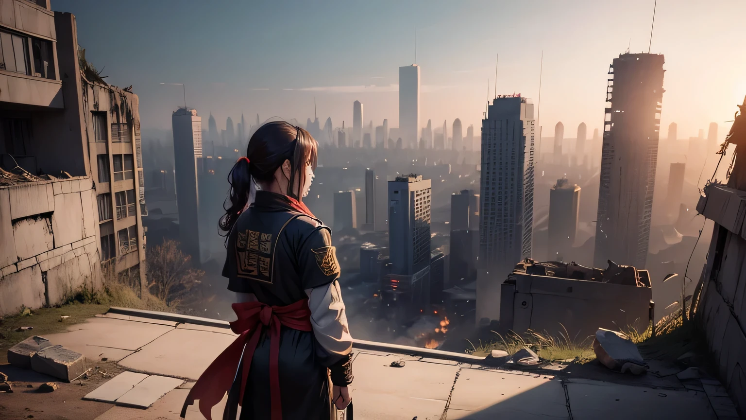 ,( girl:1.5)、Anime-style protagonist、A dark-haired、Composition of an overhead view of the uniform、Lots of clouds,heavy fog、Moon,Chaotic city of the future、dystopian、Dim lighting、Chaotic、Beautiful and fantastic scenery、Cinematic scenery、hightquality、masutepiece,in 8K、hight resolution、Mare