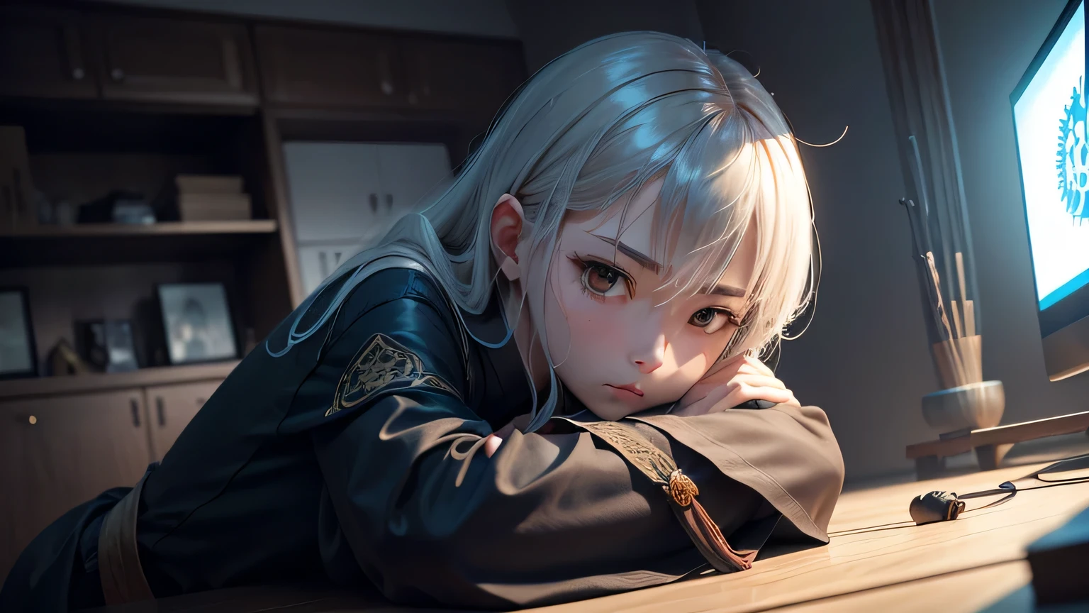 player：握紧手中的sword，Prepare to commit suicide。
sword：沾满鲜血的sword，Symbolizes death and despair。
Express：reject，player已经下定决心结束自己的生命。
background：darkroom，只有player手中的sword闪着寒光。

angle：player视角，突出player的reject和悲壮。