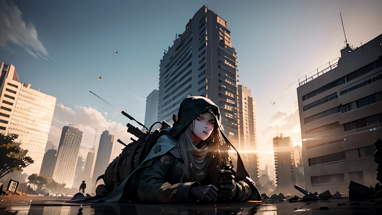 player：Looking at the devastated world，desperate eyes。
ruins：city destroyed by war，Only the ruins remained。
corpse：遍地的corpse，Symbolizes loss of life。
background：city destroyed by war，There was a dead silence。

angle：player视角，突出player的绝望和悲伤。