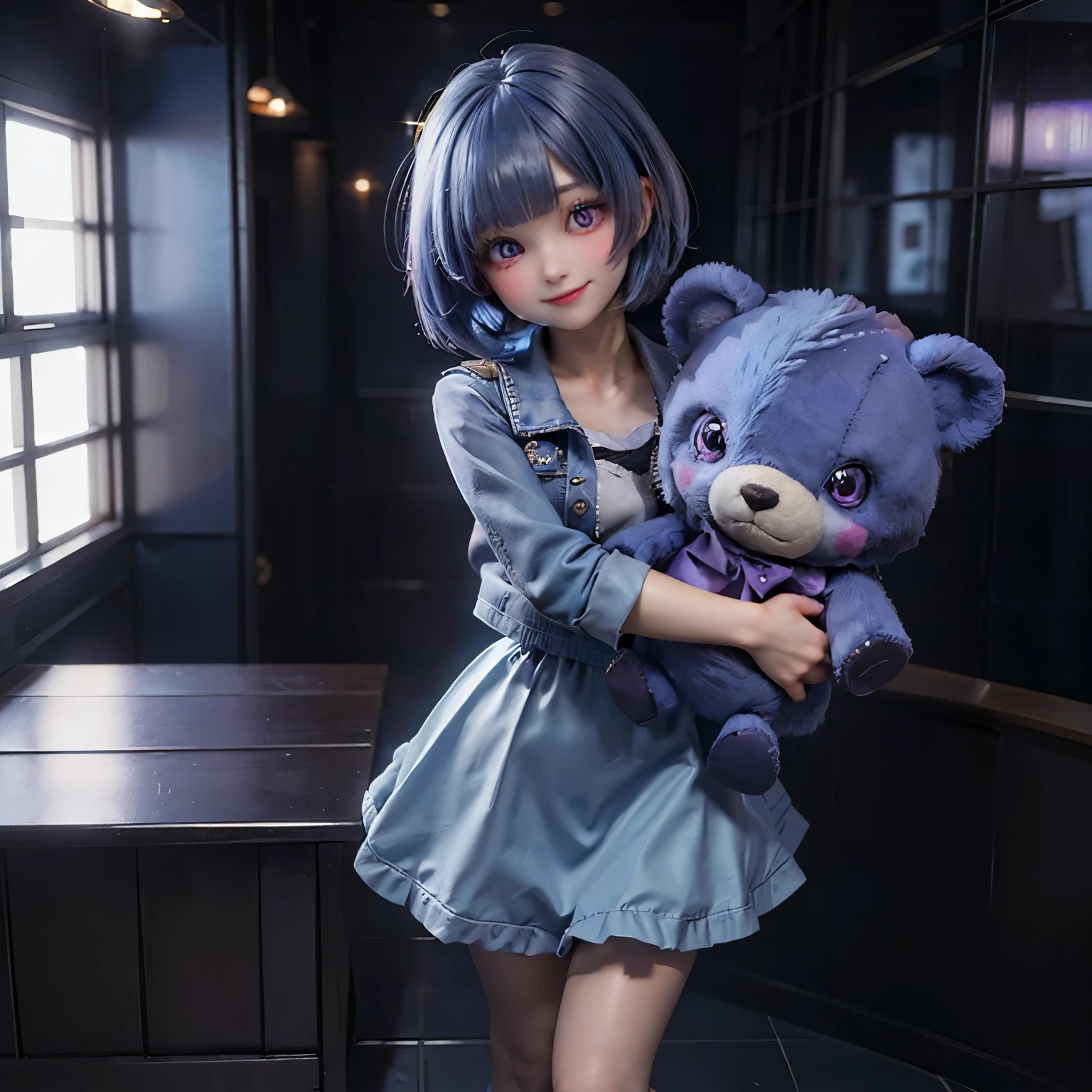 ((masterpiece)), ((highest quality)), ((High resolution)), ((Highly detailed 8k wallpaper)), full body image, 1 girl, Anime girl with blue hair and purple eyes wearing a blue jacket, bob cut, highly detailed characters,shy smile,Hug a brown teddy bear,long skirt,sparkling bright room