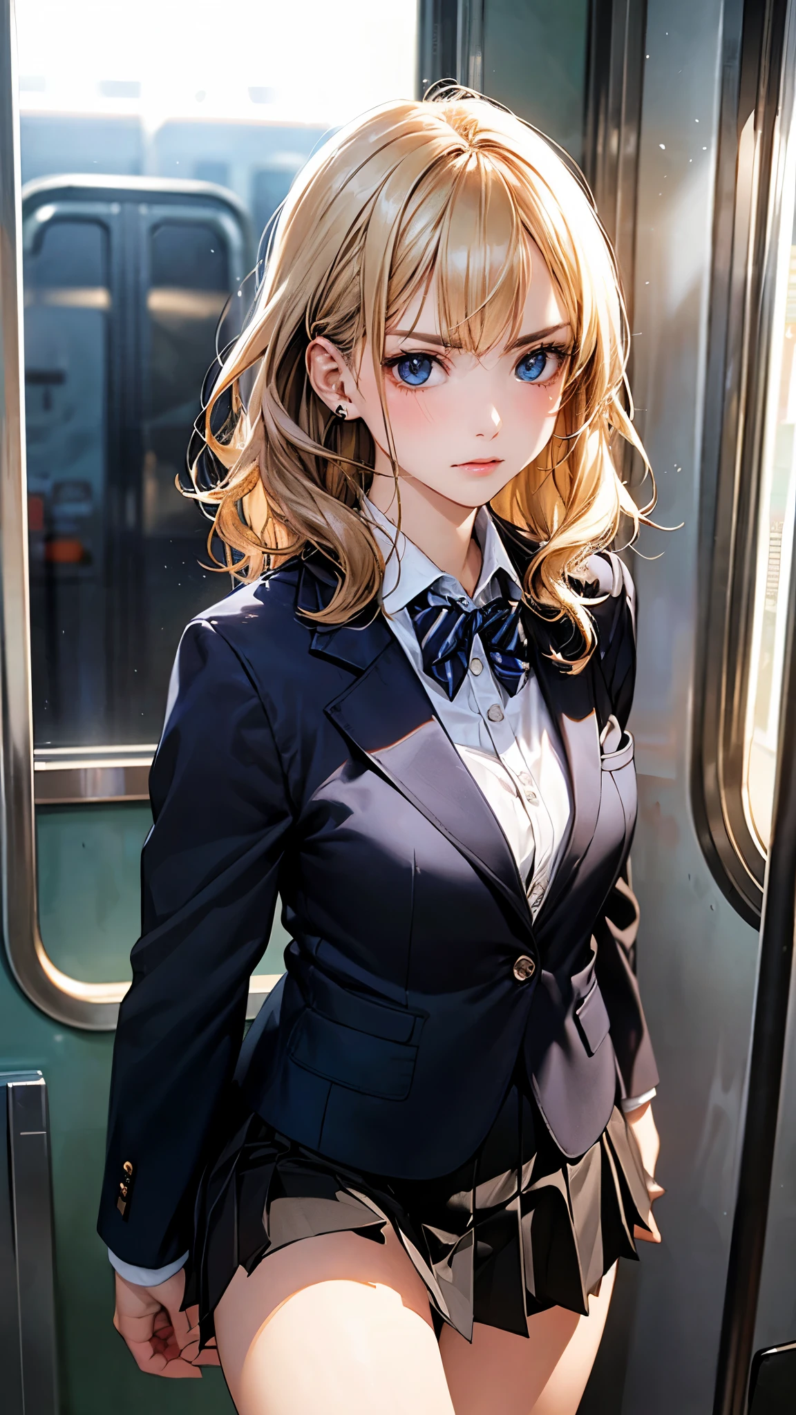(masterpiece:1.2, top-quality), (realistic, photorealistic:1.4), beautiful illustration, (natural side lighting, movie lighting), 
looking at viewer, 1 girl, japanese, high school girl, perfect face, perfect body, cute and symmetrical face, shiny skin, babyface, 
(short hair:1.5, wavy hair:1.6, long sideburns, blond hair), asymmetrical bangs, blue eyes, slant eyes, (middle breasts, seductive thighs), , 
beautiful hair, beautiful face, beautiful detailed eyes, beautiful clavicle, beautiful body, beautiful chest, beautiful thigh, beautiful legs, beautiful fingers, 
(((black school blazer, closed blazer), white collared shirt, black box pleated skirt) ), high heels, 
(beautiful scenery), evening, (inside train), walking, bring black school bag, (angry), 
