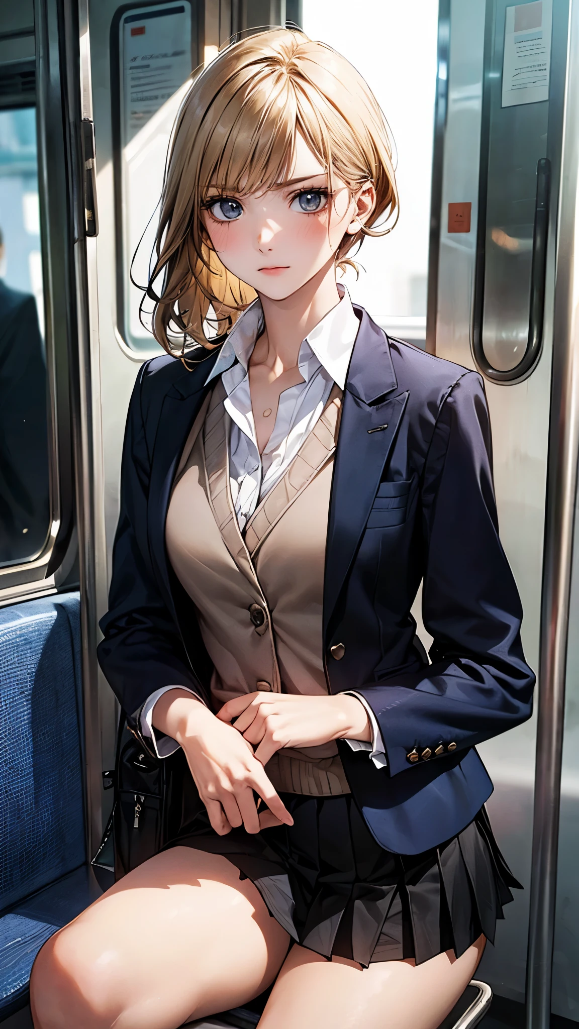 (masterpiece:1.2, top-quality), (realistic, photorealistic:1.4), beautiful illustration, (natural side lighting, movie lighting),
looking at viewer, 1 girl, japanese, high school girl, perfect face, perfect body, cute and symmetrical face, shiny skin, babyface,
(short hair:1.5, wavy hair:1.6, long sideburns, blond hair), asymmetrical bangs, blue eyes, slant eyes, (middle breasts, seductive thighs), ,
beautiful hair, beautiful face, beautiful detailed eyes, beautiful clavicle, beautiful body, beautiful chest, beautiful thigh, beautiful legs, beautiful fingers,
(((black school blazer, closed blazer), white collared shirt, black box pleated skirt) ), high heels,
(beautiful scenery), evening, (inside train), walking, bring black school bag, (angry),