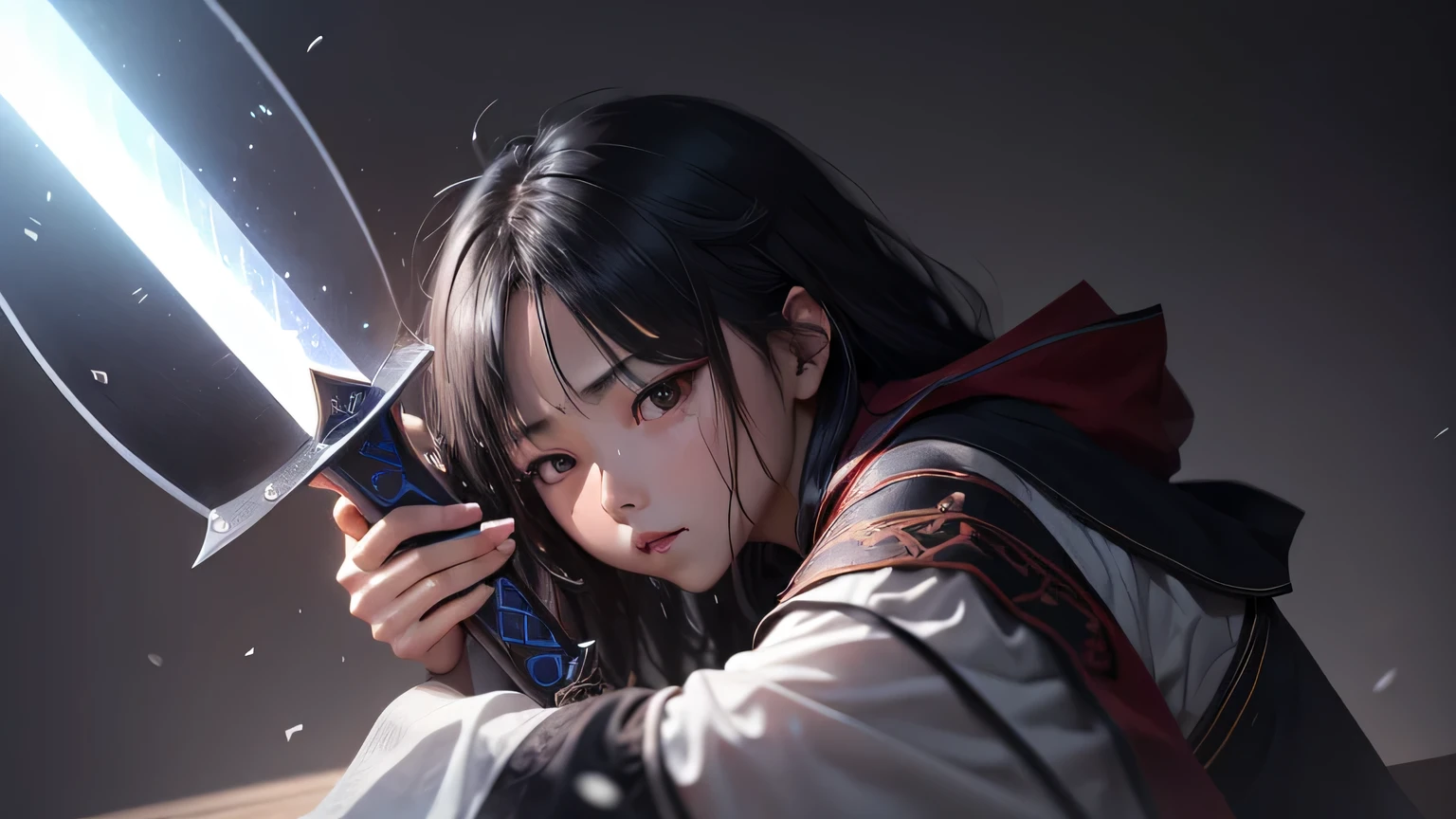 player:握紧手中的sword,Prepare to commit suicide。
sword:沾满鲜血的sword,Symbolizes death and despair。
Express:reject,player已经下定决心结束自己的生命。
background:darkroom,只有player手中的sword闪着寒光。
angle:player视角,突出player的reject和悲壮。