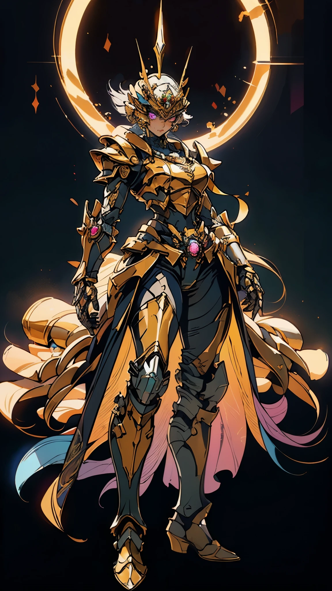 A woman adorned in fantasy-style full-body armor, a crown-concept fully enclosed helmet that unveils only her eyes, a composite layered chest plate, fully encompassing shoulder and hand guards, a lightweight waist armor, form-fitting shin guards, the overall design is heavy-duty yet flexible, (the armor gleams with a golden glow, complemented by red and blue accents), exhibiting a noble aura, she floats above a fantasy-surreal high-tech city, this character embodies a finely crafted fantasy-surreal style armored hero in anime style, exquisite and mature manga art style, (mixture of Queen bee and Spider concept Armor, plasma energy, blood energy), ((Element, elegant, goddess, femminine:1.5)), metallic, high definition, best quality, highres, ultra-detailed, ultra-fine painting, extremely delicate, professional, anatomically correct, symmetrical face, extremely detailed eyes and face, high quality eyes, creativity, RAW photo, UHD, 32k, Natural light, cinematic lighting, masterpiece-anatomy-perfect, masterpiece:1.5