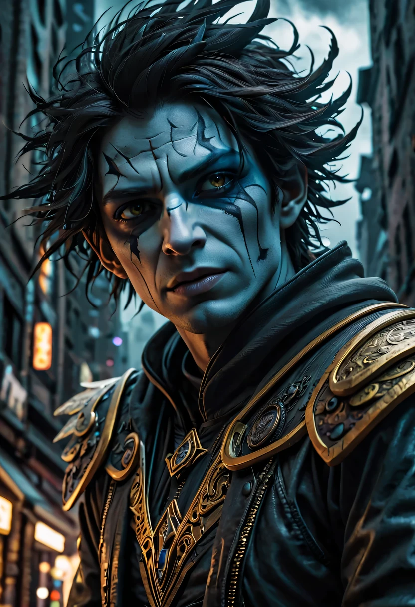 actual photo of raziel (flight:1.3) in dark city, dark fantasy style, ,high resolution, (detailed actual image:1), Crazy details, soft, student, (expressive face, Detailed face:1), (actual:1), (photoactual, photo-actual:1), full color, (3d:1), (Very detailed:1.2), masterpiece, 8K Ultra HD,