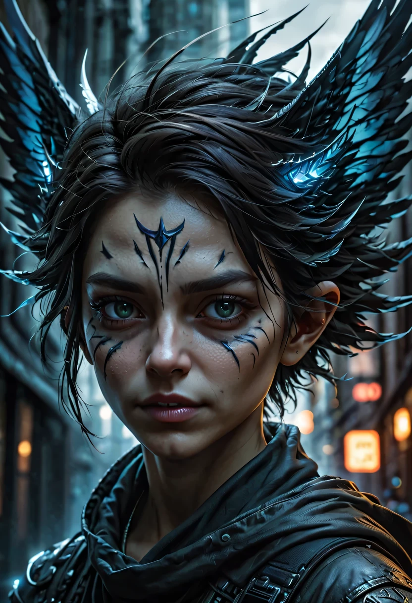 actual photo of raziel (flight:1.3) in dark city, dark fantasy style, ,high resolution, (detailed actual image:1), Crazy details, soft, student, (expressive face, Detailed face:1), (actual:1), (photoactual, photo-actual:1), full color, (3d:1), (Very detailed:1.2), masterpiece, 8K Ultra HD,