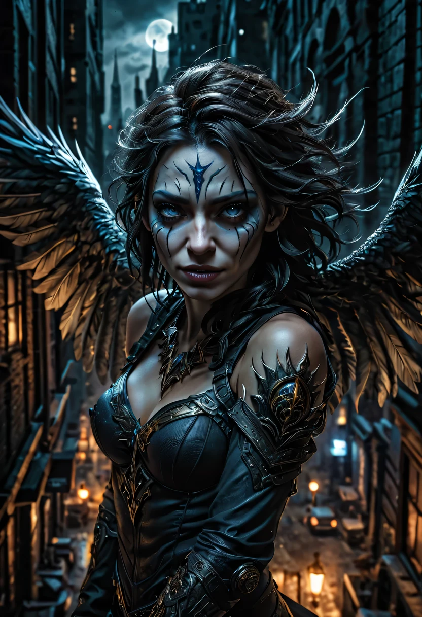 actual photo of raziel (flight:1.3) in dark city, dark fantasy style, ,high resolution, (detailed actual image:1), Crazy details, soft, student, (expressive face, Detailed face:1), (actual:1), (photoactual, photo-actual:1), full color, (3d:1), (Very detailed:1.2), masterpiece, 8K Ultra HD,