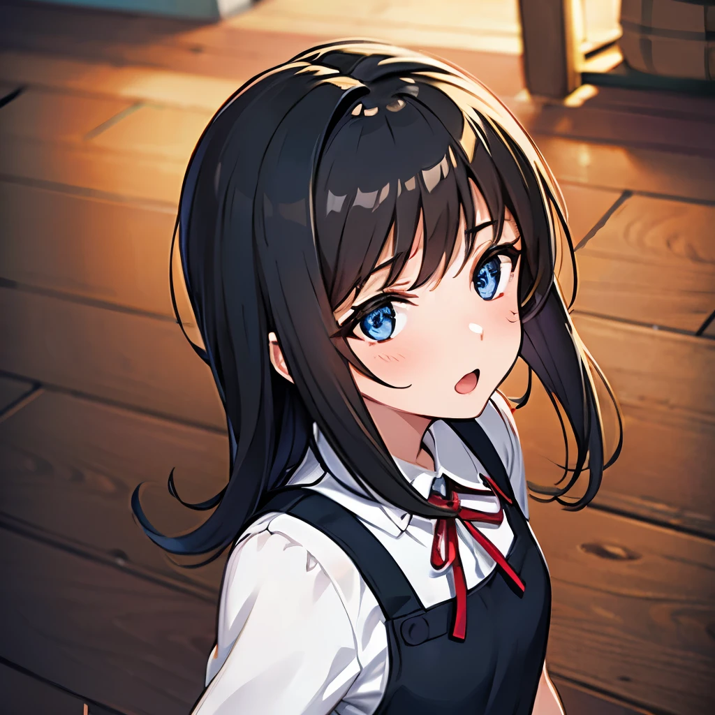 anime nose, anime mouth, love live!, upper body, torn clothes,  shouting, from front, black pinafore dress, short red ribbon, black hair, straight hair, half long hair, blue eyes, best eyes, best face, closed anime mouths, (masterpiece, best quality:1.4), (ultra-detailed:1.2), illustration, picturesque