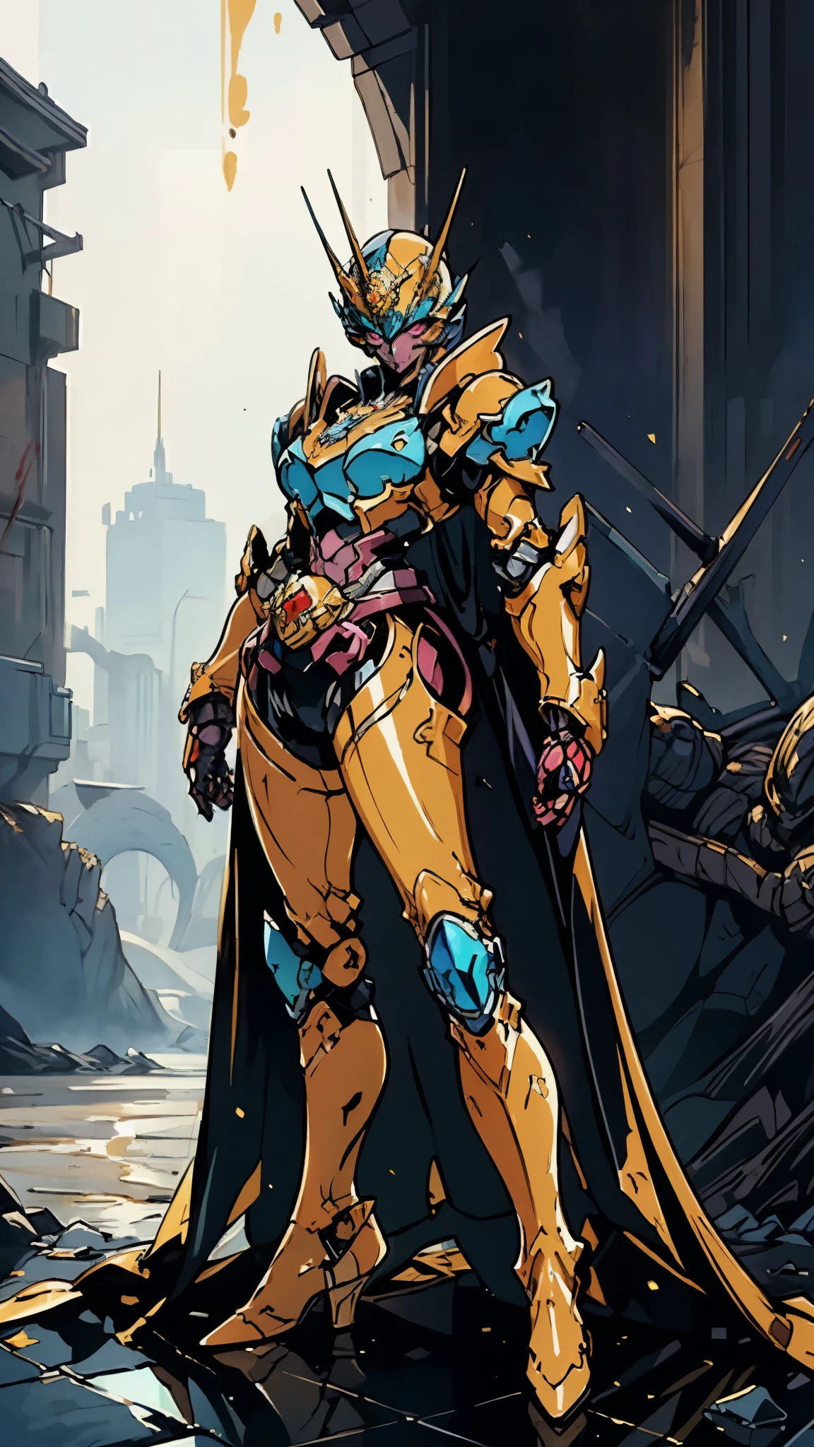 A woman adorned in fantasy-style full-body armor, a crown-concept fully enclosed helmet that unveils only her eyes, a composite layered chest plate, fully encompassing shoulder and hand guards, a lightweight waist armor, form-fitting shin guards, the overall design is heavy-duty yet flexible, (the armor gleams with a golden glow, complemented by red and blue accents), exhibiting a noble aura, she floats above a fantasy-surreal high-tech city, this character embodies a finely crafted fantasy-surreal style armored hero in anime style, exquisite and mature manga art style, (mixture of Queen bee and Spider concept Armor, plasma energy, blood energy), ((Element, elegant, goddess, femminine:1.5)), metallic, high definition, best quality, highres, ultra-detailed, ultra-fine painting, extremely delicate, professional, anatomically correct, symmetrical face, extremely detailed eyes and face, high quality eyes, creativity, RAW photo, UHD, 32k, Natural light, cinematic lighting, masterpiece-anatomy-perfect, masterpiece:1.5