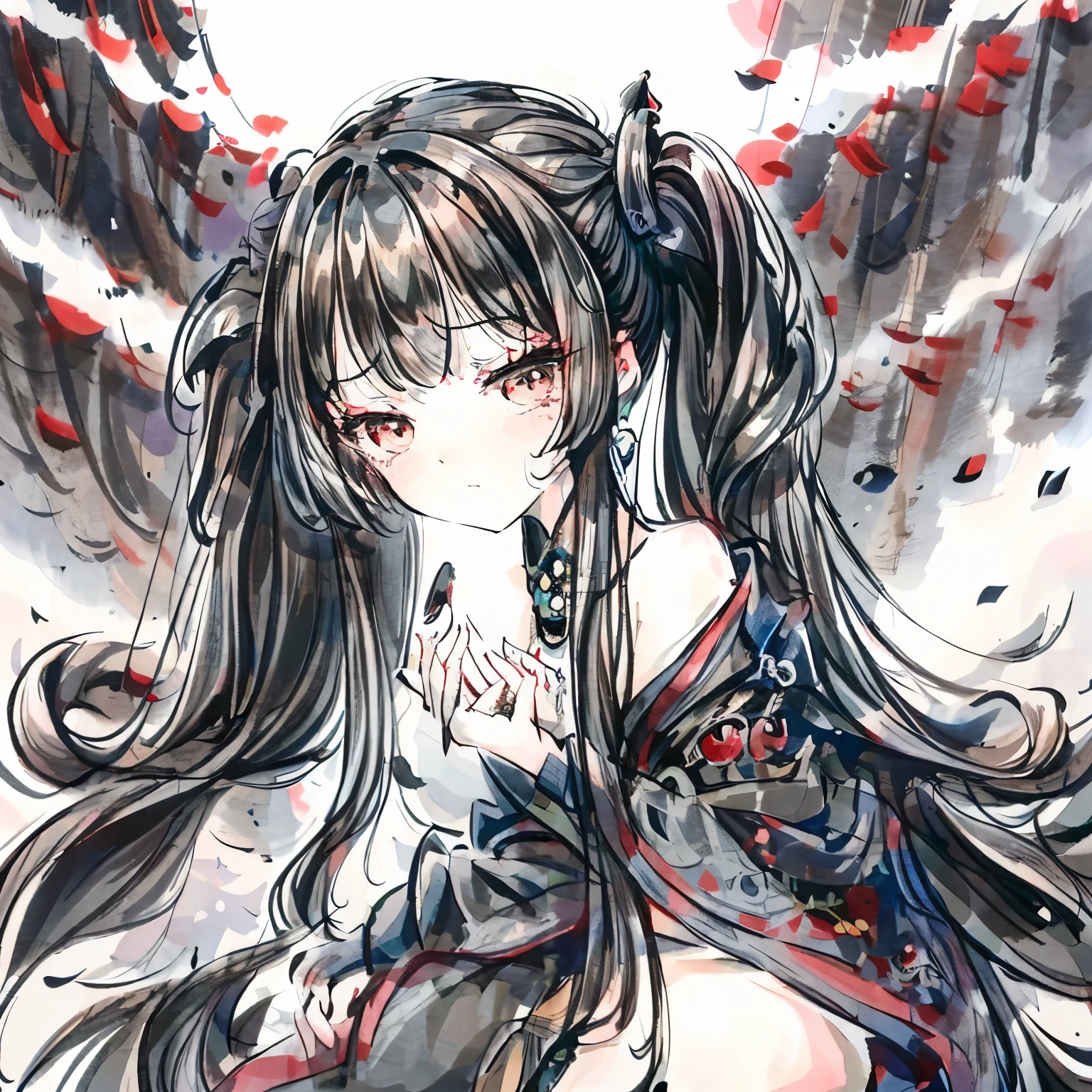 Anime girl with long black hair and a red and white dress - SeaArt AI