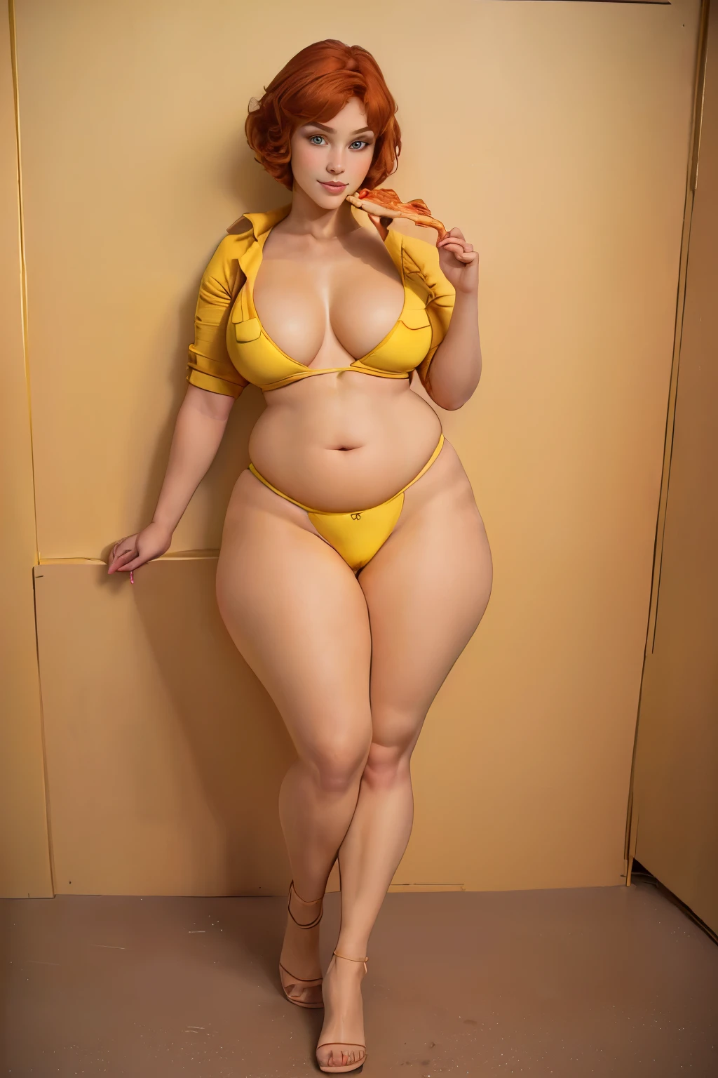 (((masterpiece))), (((photorealistic))), (((8k wallpaper))), (((best quality))), (((perfect quality))), solo, (detailed eyes:0.9), girl, (((20 years old))), red short hair, April O'Neil, (very beautiful), pose: ( standing, ((eating pizza)), sexy pose),  face : ( (((very beautiful face))), ((small smile)), (((perfect face))), (((20 years old))),  ((thin face)), ((cute face)), ((very young)) ) , figure: ( ((very full body)), ((very thick)), ((very thicc)), ((wide waist)), ((very chubby)), ((very chubby belly)), (very soft), ((very curvy)), ((big breasts)), ((sexy)), sexy pose, ((big deep navel)), ((love handles)), (((one navel))), long legs, fat ass, ((muffin top)), ((thunder thighs))) , clothes : ((tight yellow microbikini))