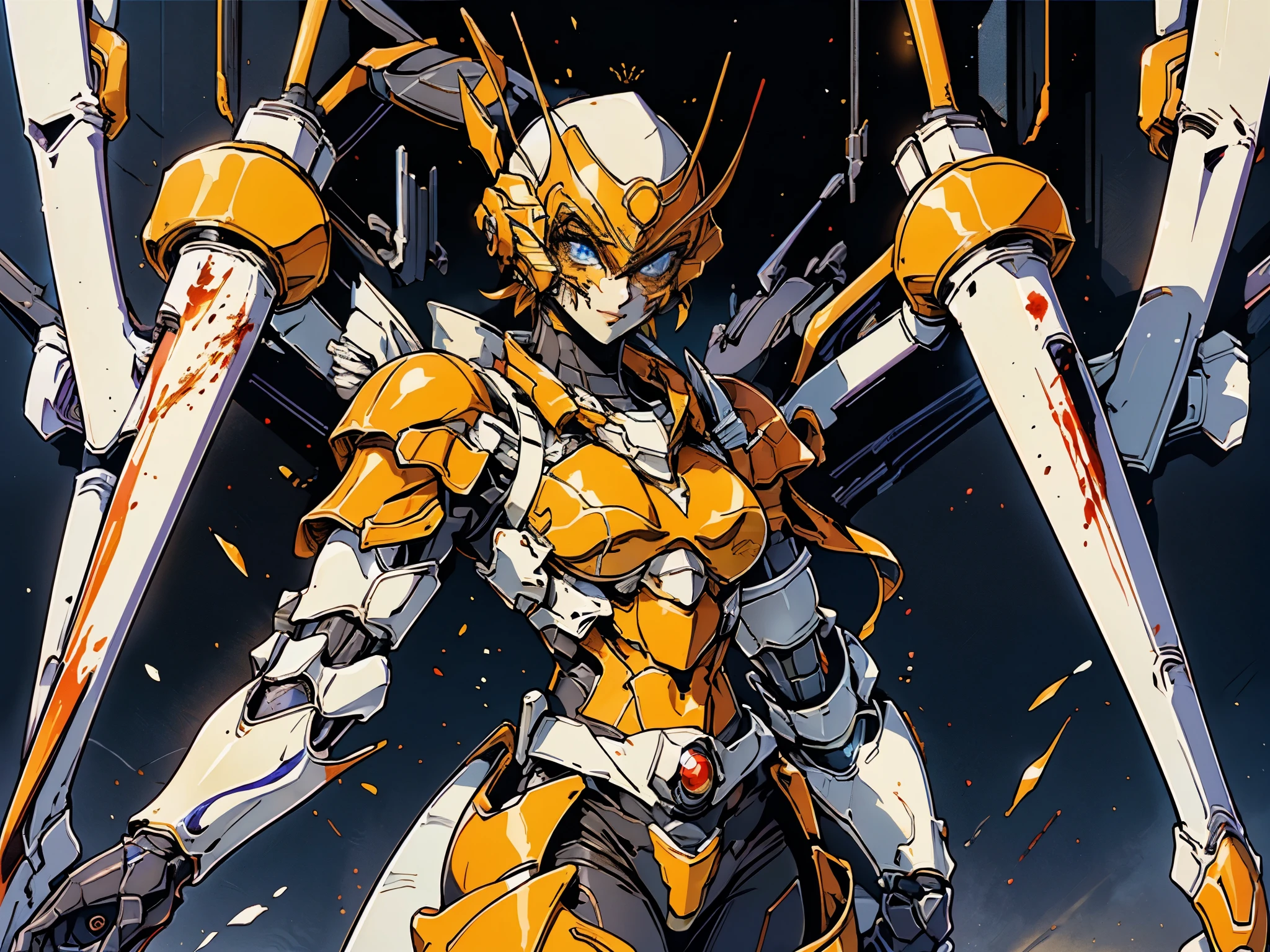 A woman adorned in fantasy-style full-body armor, a crown-concept fully enclosed helmet that unveils only her eyes, a composite layered chest plate, fully encompassing shoulder and hand guards, a lightweight waist armor, form-fitting shin guards, the overall design is heavy-duty yet flexible, (the armor gleams with a golden glow, complemented by red and blue accents), exhibiting a noble aura, she floats above a fantasy-surreal high-tech city, this character embodies a finely crafted fantasy-surreal style armored hero in anime style, exquisite and mature manga art style, (mixture of Queen bee and Spider concept Armor, plasma energy, blood energy), ((Element, elegant, goddess, femminine:1.5)), metallic, high definition, best quality, highres, ultra-detailed, ultra-fine painting, extremely delicate, professional, anatomically correct, symmetrical face, extremely detailed eyes and face, high quality eyes, creativity, RAW photo, UHD, 32k, Natural light, cinematic lighting, masterpiece-anatomy-perfect, masterpiece:1.5