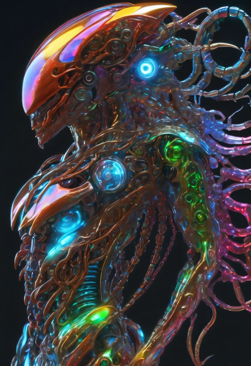 bioMechanical style Ultra detailed illustrations, phantom magical creature, (Translucent skin: 1.5), (translucent body: 1.5) Ms. Schiff's Art, neon lights, light particles, color, cmyk color, backlight, cyberpunk, close up, Mechanical, (whole body: 1.9), dark background, Viewed from top to bottom. blend of organic and Mechanical elements, futuristic, cybernetic, detailed, complicated,Selective focus, Miniature effects, blurred background, highly detailed, Full of energy, View control,(Rich color:1.6),Crab