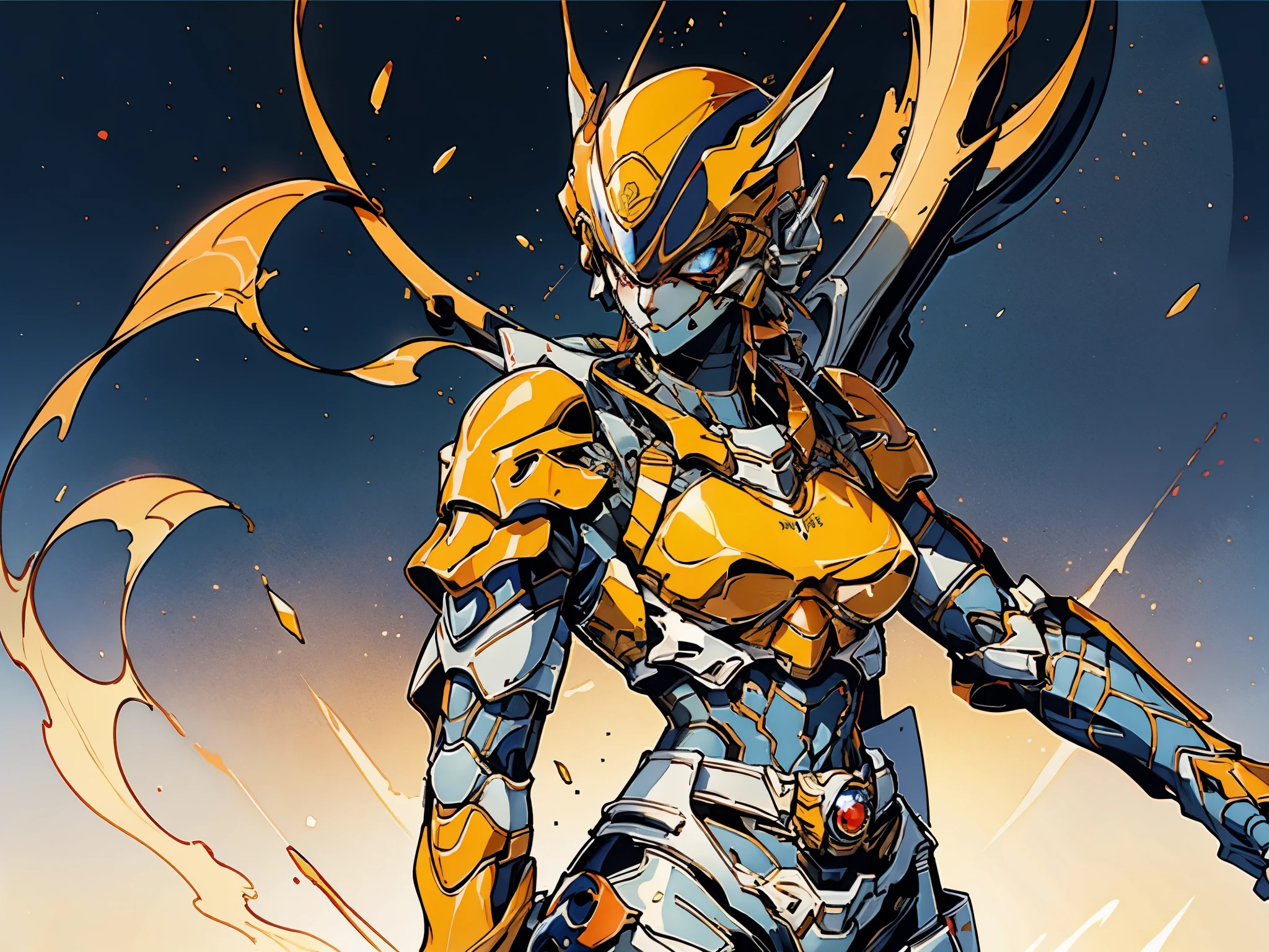 A woman adorned in fantasy-style full-body armor, a crown-concept fully enclosed helmet that unveils only her eyes, a composite layered chest plate, fully encompassing shoulder and hand guards, a lightweight waist armor, form-fitting shin guards, the overall design is heavy-duty yet flexible, (the armor gleams with a golden glow, complemented by red and blue accents), exhibiting a noble aura, she floats above a fantasy-surreal high-tech city, this character embodies a finely crafted fantasy-surreal style armored hero in anime style, exquisite and mature manga art style, (mixture of Queen bee and Spider concept Armor, plasma energy, blood energy), ((Element, elegant, goddess, femminine:1.5)), metallic, high definition, best quality, highres, ultra-detailed, ultra-fine painting, extremely delicate, professional, anatomically correct, symmetrical face, extremely detailed eyes and face, high quality eyes, creativity, RAW photo, UHD, 32k, Natural light, cinematic lighting, masterpiece-anatomy-perfect, masterpiece:1.5