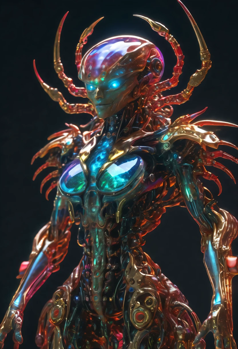 bioMechanical style Ultra detailed illustrations, phantom magical creature, (Translucent skin: 1.5), (translucent body: 1.5) Ms. Schiff&#39;s Art, neon lights, light particles, color, cmyk color, backlight, cyberpunk, close up, Mechanical, (whole body: 1.9), dark background, Viewed from top to bottom. blend of organic and Mechanical elements, futuristic, cybernetic, detailed, complicated,Selective focus, Miniature effects, blurred background, highly detailed, Full of energy, View control,(Rich color:1.6),Crab