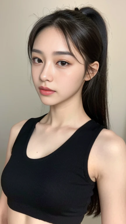 (Best Quality, 8K, 32K, Masterpiece, Ultra HD: 1.2), (K-Pop Idol: 1.3), 1 Girl, (Large: 1.2), Abs, Perfect Figure, Ultra Slender Face, Delicate Lips, Beautiful Eyes Double eyelids , (pony) （Extremely normal body，Half-tied ponytail。(black tank top) (((young girl)))