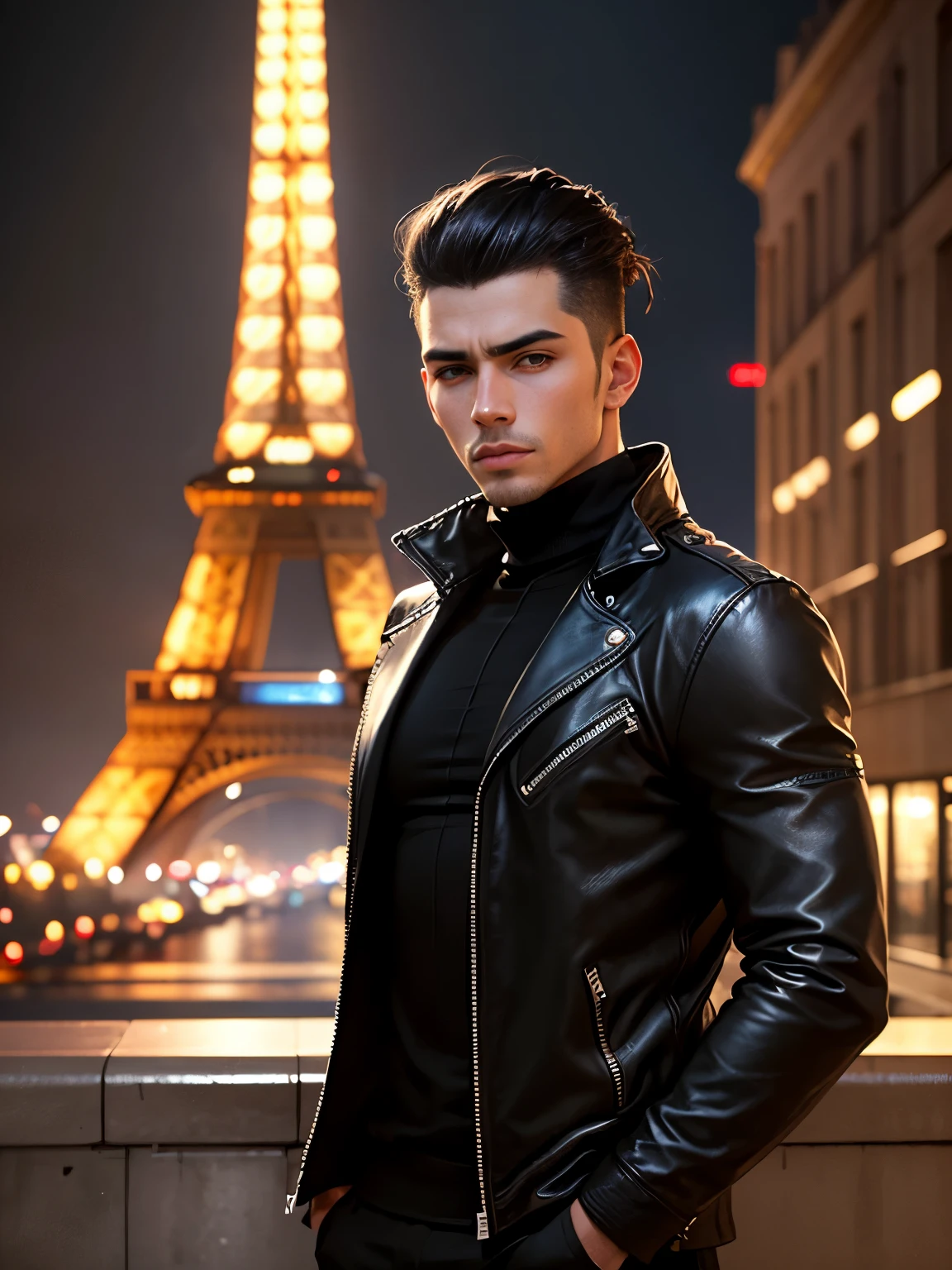 photorealistic, high resolution, 1 rugged male, slicked back hairstyle, natural tan skin, black hair, white turtleneck streetwear with black leather jacket, background city of paris, Eiffel Tower, dynamic pose, dramatic, chromatic aberration.
