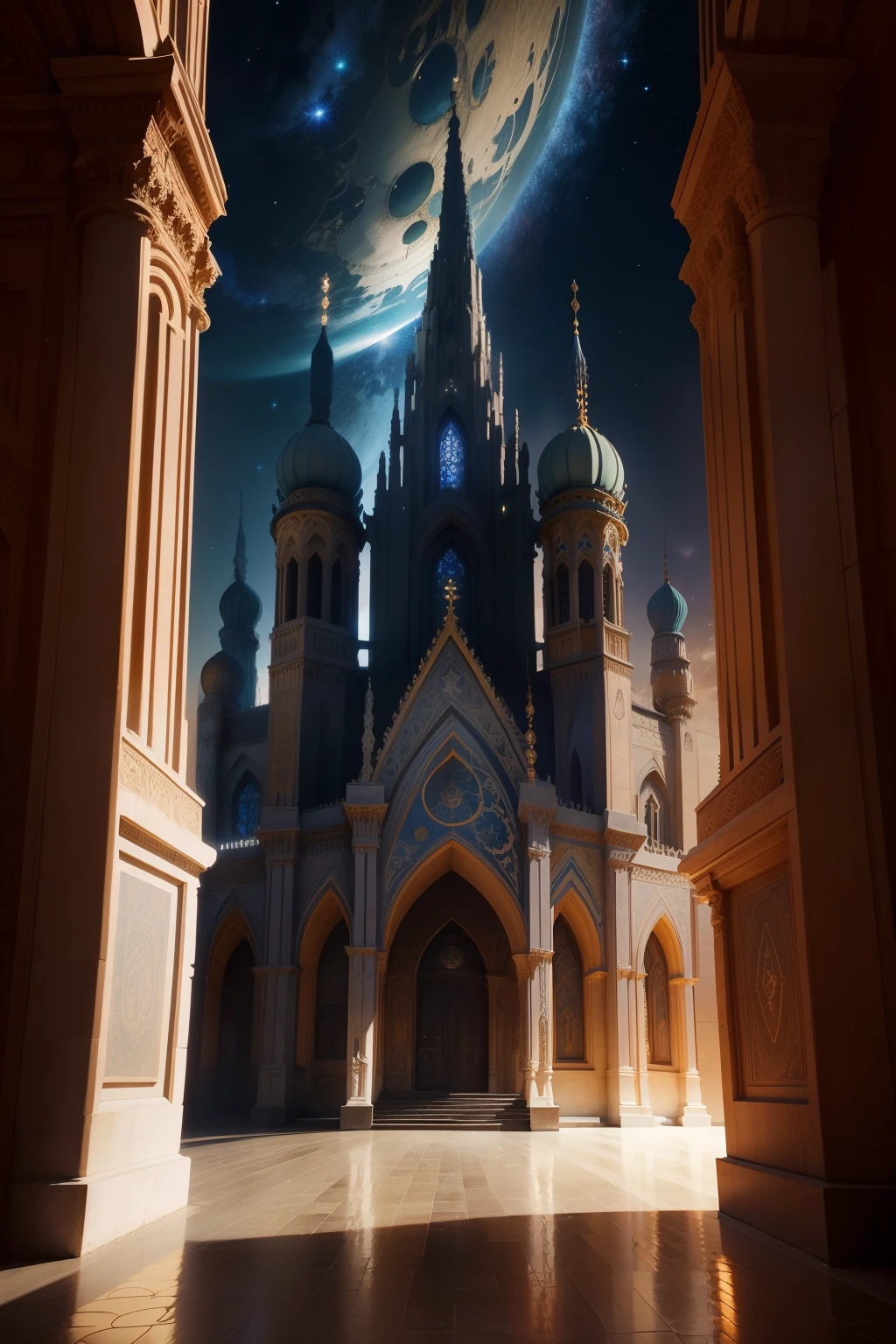 In this captivating illustration, earthly places of worship are harmoniously blended with extraterrestrial symbols, reflecting the evolution of religious beliefs in the face of new cosmic realities. Majestic temples, mosques, and cathedrals stand tall against the backdrop of the cosmos, their sacred grounds adorned with intriguing alien glyphs and symbols. The architecture of these holy places is meticulously detailed, with brilliant celestial hues illuminating the intricate carvings and patterns that embrace both terrestrial and otherworldly influences. The serene beauty of these sacred sites transcends the boundaries of our world, inviting us to contemplate our place in