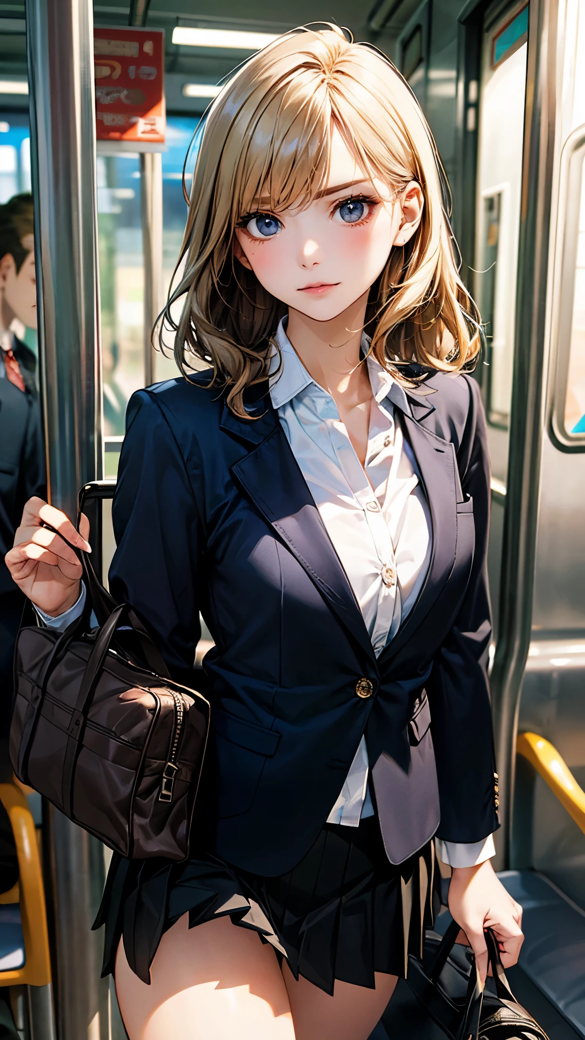 (masterpiece:1.2, top-quality), (realistic, photorealistic:1.4), beautiful illustration, (natural side lighting, movie lighting),
looking at viewer, 1 girl, japanese, high school girl, perfect face, perfect body, cute and symmetrical face, shiny skin, babyface,
(short hair:1.5, wavy hair:1.6, long sideburns, blond hair), asymmetrical bangs, blue eyes, slant eyes, (middle breasts, seductive thighs), ,
beautiful hair, beautiful face, beautiful detailed eyes, beautiful clavicle, beautiful body, beautiful chest, beautiful thigh, beautiful legs, beautiful fingers,
(((black school blazer, closed blazer), white collared shirt, black box pleated skirt) ),
(beautiful scenery), evening, (inside subway train), walking, bring black school bag, (annoyed),