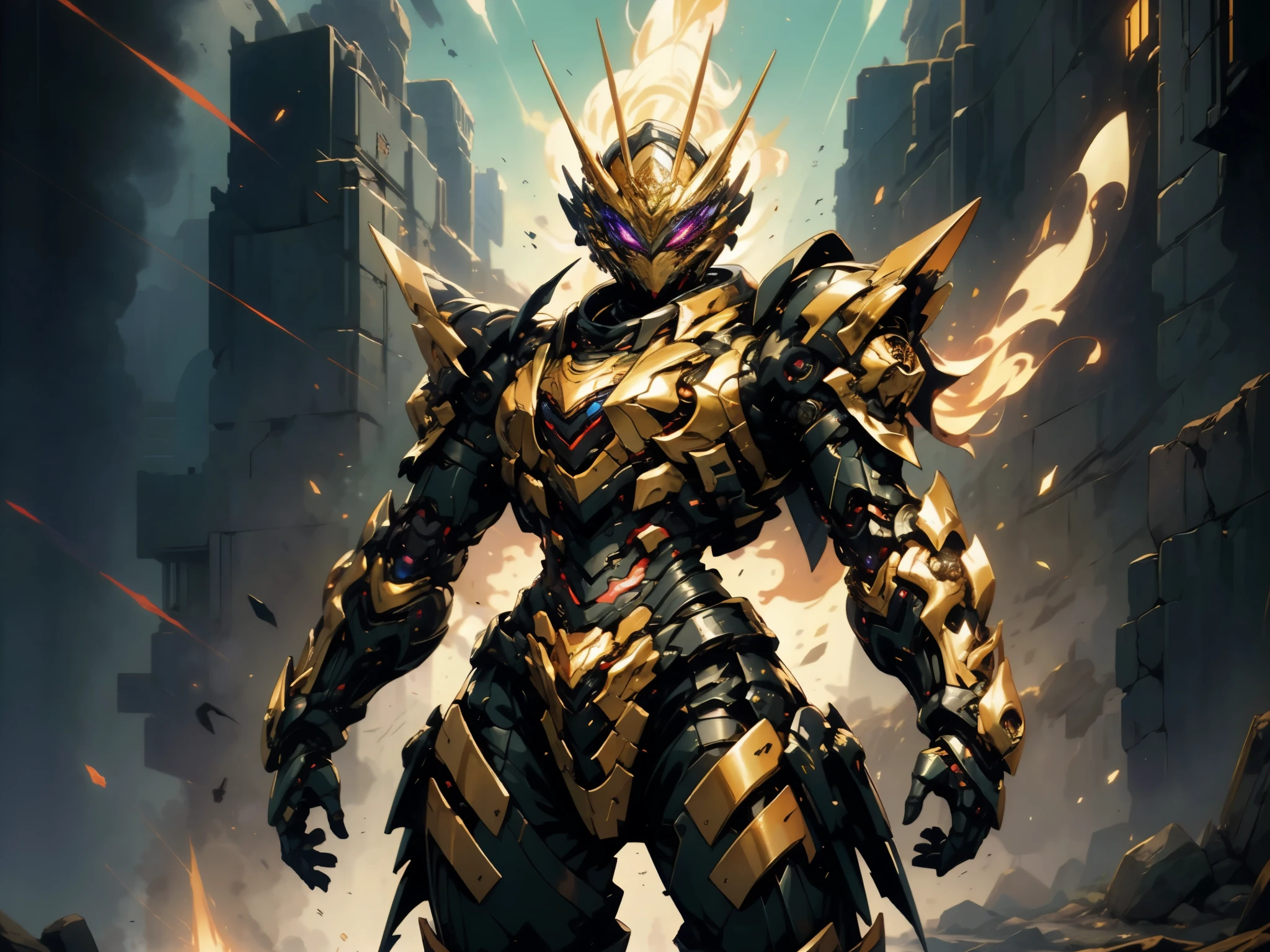 A woman adorned in fantasy-style full-body armor, a crown-concept fully enclosed helmet that unveils only her eyes, a composite layered chest plate, fully encompassing shoulder and hand guards, a lightweight waist armor, form-fitting shin guards, the overall design is heavy-duty yet flexible, (the armor gleams with a golden glow, complemented by red and blue accents), exhibiting a noble aura, she floats above a fantasy-surreal high-tech city, this character embodies a finely crafted fantasy-surreal style armored hero in anime style, exquisite and mature manga art style, (mixture of Queen bee and Spider concept Armor, plasma), ((Element, elegant, goddess, femminine:1.5)), metallic, high definition, best quality, highres, ultra-detailed, ultra-fine painting, extremely delicate, professional, anatomically correct, symmetrical face, extremely detailed eyes and face, high quality eyes, creativity, RAW photo, UHD, 32k, Natural light, cinematic lighting, masterpiece-anatomy-perfect, masterpiece:1.5