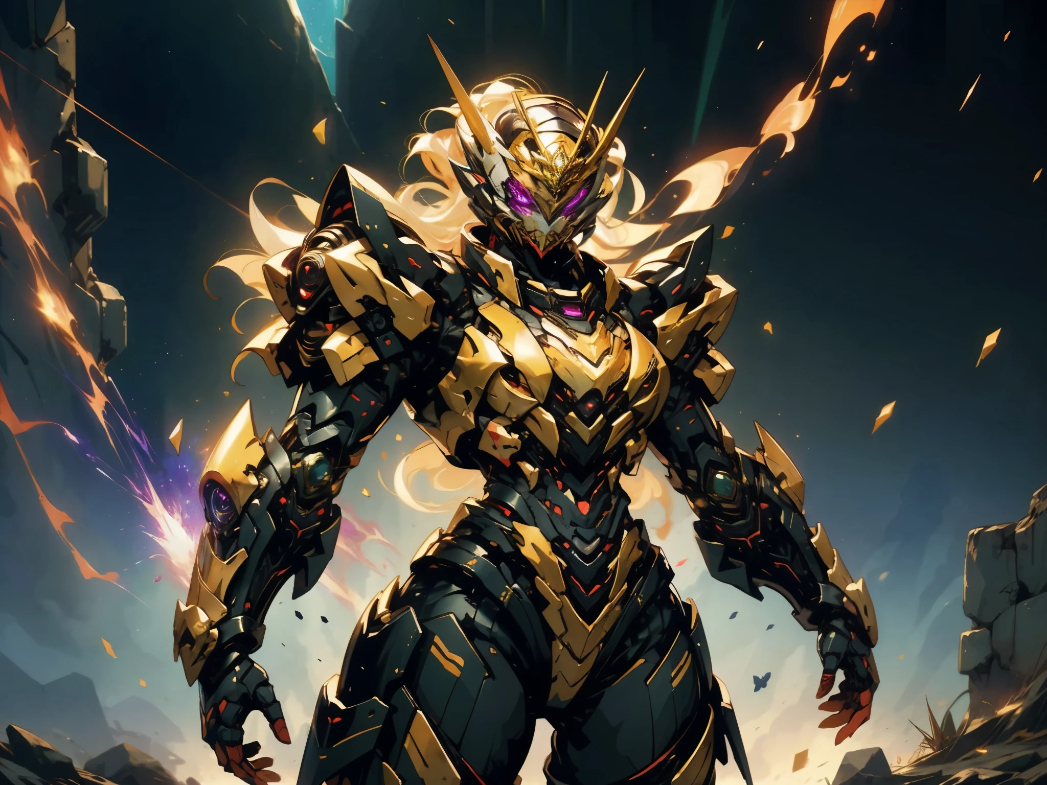 A woman adorned in fantasy-style full-body armor, a crown-concept fully enclosed helmet that unveils only her eyes, a composite layered chest plate, fully encompassing shoulder and hand guards, a lightweight waist armor, form-fitting shin guards, the overall design is heavy-duty yet flexible, (the armor gleams with a golden glow, complemented by red and blue accents), exhibiting a noble aura, she floats above a fantasy-surreal high-tech city, this character embodies a finely crafted fantasy-surreal style armored hero in anime style, exquisite and mature manga art style, (mixture of Queen bee and Spider concept Armor, plasma), ((Element, elegant, goddess, femminine:1.5)), metallic, high definition, best quality, highres, ultra-detailed, ultra-fine painting, extremely delicate, professional, anatomically correct, symmetrical face, extremely detailed eyes and face, high quality eyes, creativity, RAW photo, UHD, 32k, Natural light, cinematic lighting, masterpiece-anatomy-perfect, masterpiece:1.5