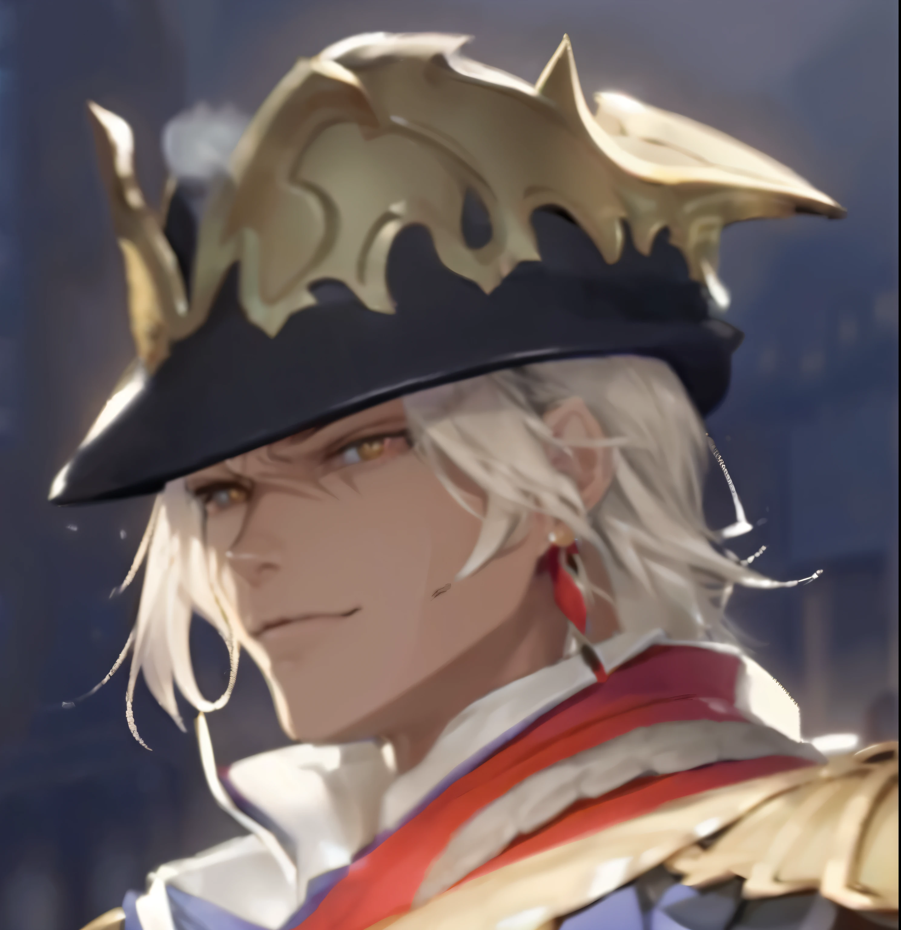 Make a male character with a white admiral hat, 2 short horns on his forehead and 2 long ones on top of his head, black, make eyes sparkling white, White hair, with a black shirt with gold details, 6 black wings and a black cape on the back, a white dragon tail, wears gloves with thorn bracelet, Caucasian skin. Arte estilo de anime