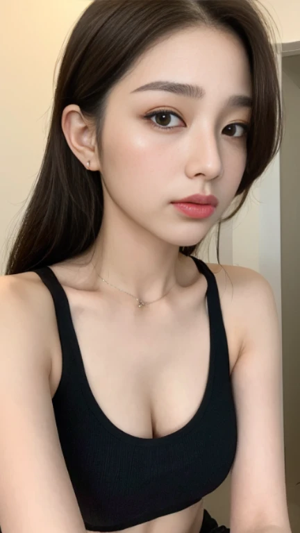 (Best Quality, 8K, 32K, Masterpiece, Ultra HD: 1.2), (K-Pop Idol: 1.3), 1 Girl, (Large: 1.2), Abs, Perfect Figure, Ultra Slender Face, Delicate Lips, Beautiful Eyes Double eyelids , (pony) (Extremely normal body,Half-tied ponytail。(half tank top) ((big bust))