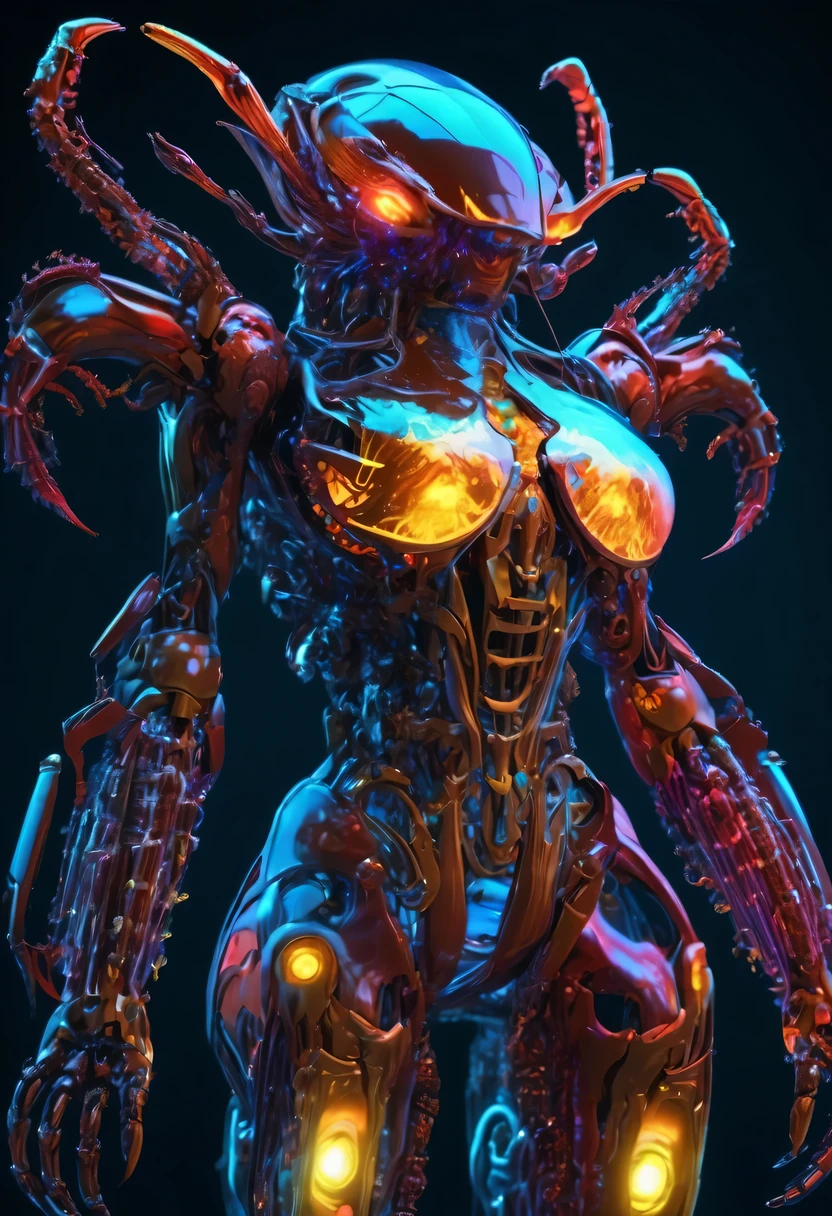 bioMechanical style Ultra detailed illustrations, phantom magical creature, (Translucent skin: 1.5), (translucent body: 1.5) Ms. Schiff's Art, neon lights, light particles, color, cmyk color, backlight, cyberpunk, close up, Mechanical, (whole body: 1.9), dark background, Viewed from top to bottom. blend of organic and Mechanical elements, futuristic, cybernetic, detailed, complicated,Selective focus, Miniature effects, blurred background, highly detailed, Full of energy, View control,(Rich color:1.6),Crab