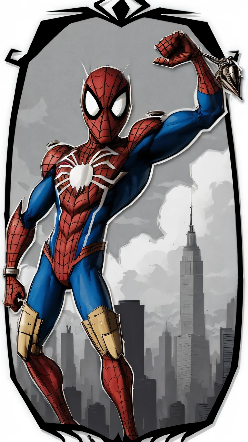 best quality,comic style: Robot Spider-Man,hero,red and blue garments,golden sword,new york city skyline,high-rise building,city View