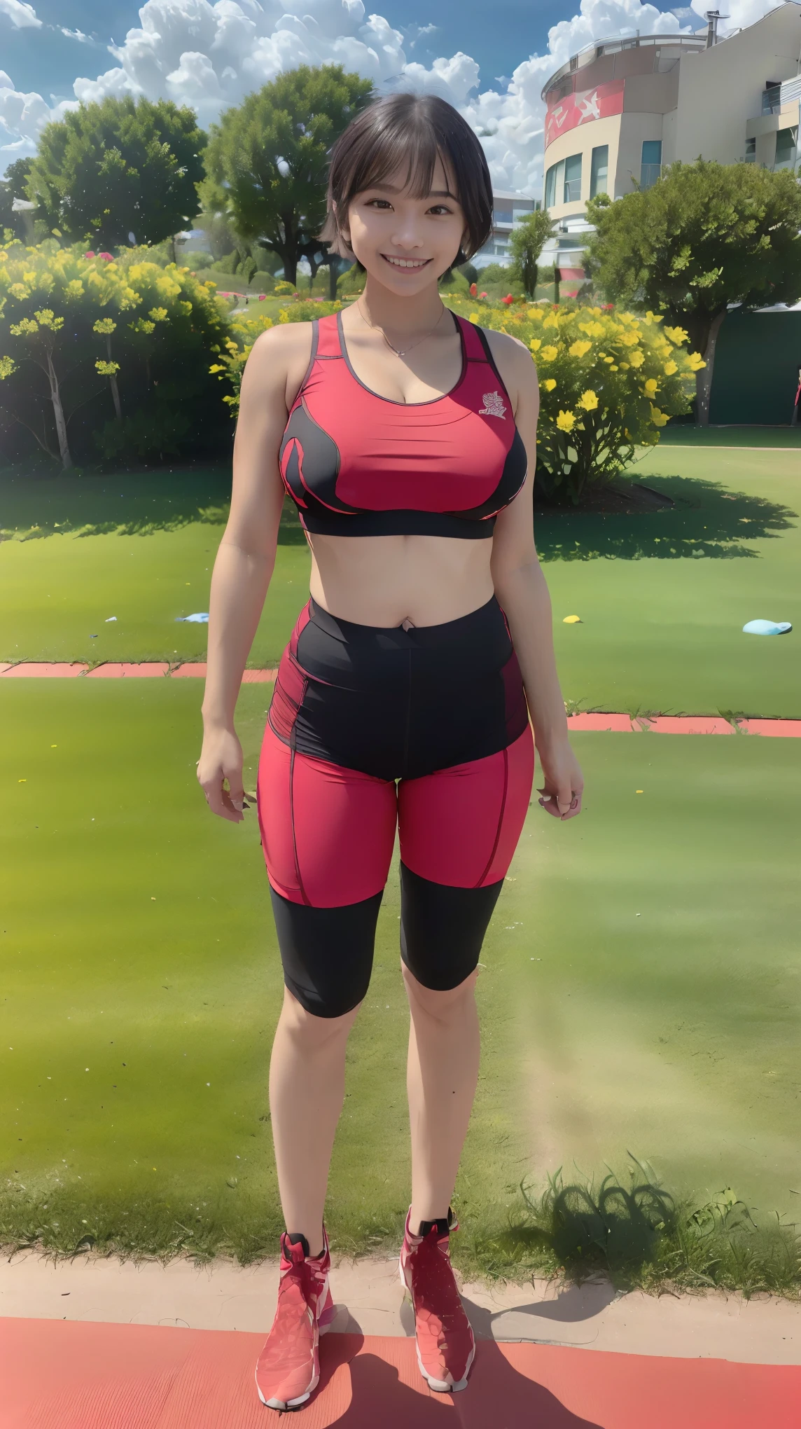 (8K、ultra high resolution、highest quality、masterpiece、realistic、ultra high resolution)、(big breasts、track and field athlete、Must wear track uniform((Must wear red and black racing bloomers and sports bra)):1.3)、Always in the track lane of the athletics stadium、running shoes、cute smile、black hair short cut