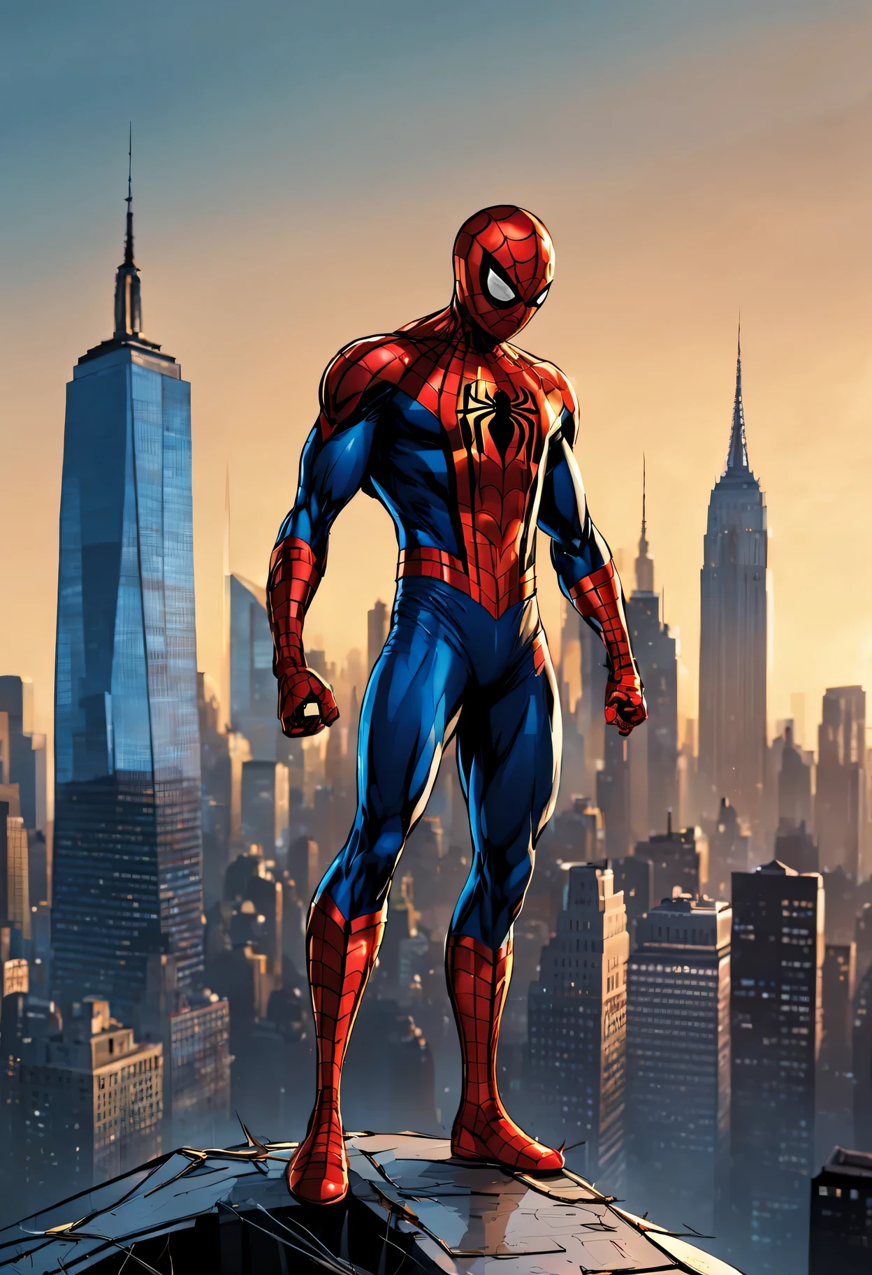 best quality,comic style: Robot Spider-Man,hero,red and blue garments,a golden knife,new york city skyline,high-rise building,city View