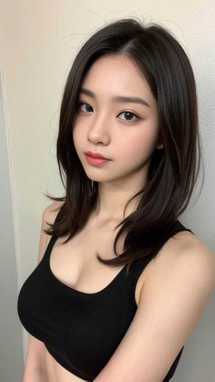(Best Quality, 8K, 32K, Masterpiece, Ultra HD: 1.2), (K-Pop Idol: 1.3), 1 Girl, (Large: 1.2), Abs, Perfect Figure, Ultra Slender Face, Delicate Lips, Beautiful Eyes Double eyelids , (pony) （Extremely normal body，Half-tied ponytail。(black tank top) (((young girl))) ((leg up))