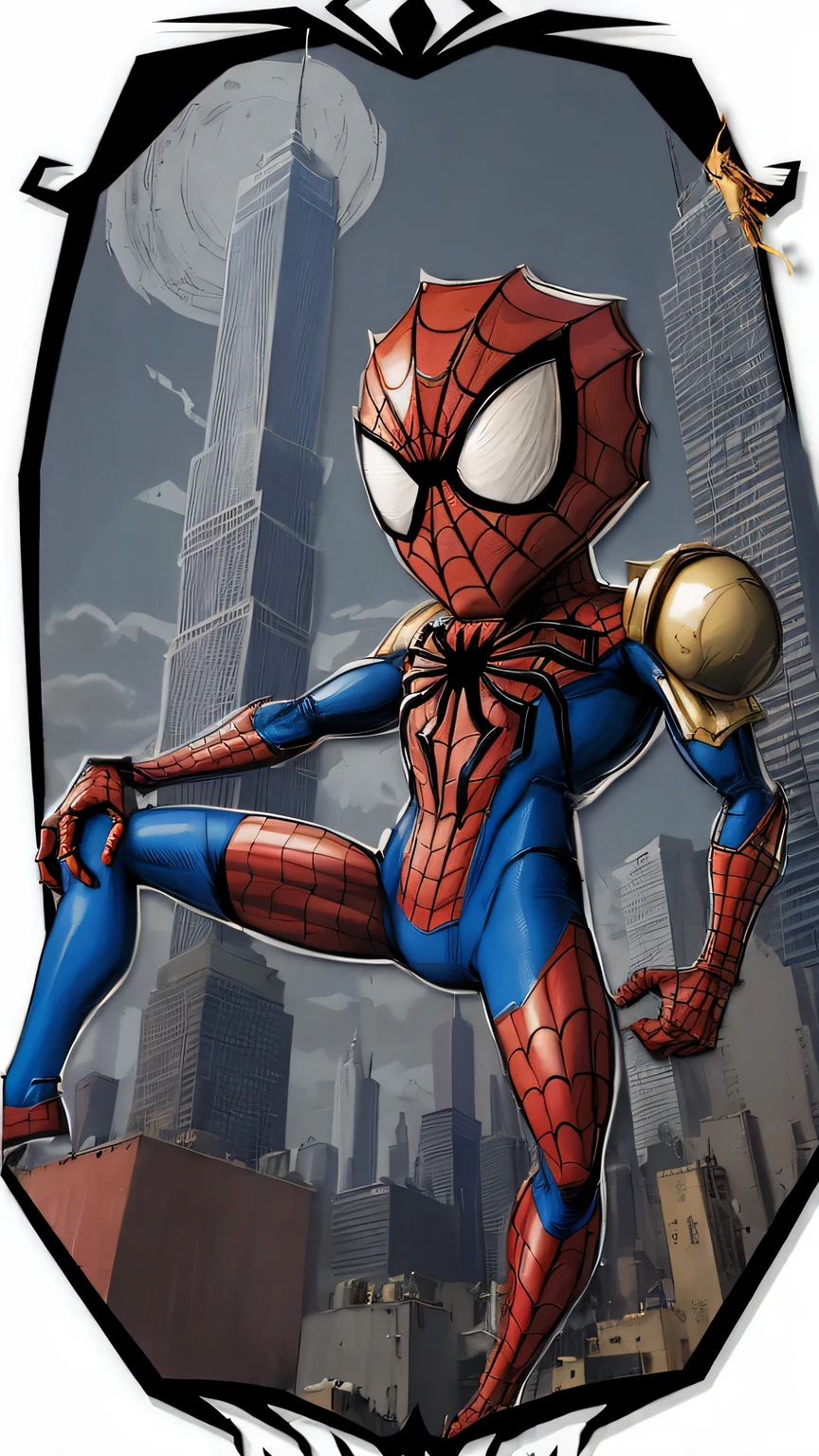 best quality,comic style：spiderman,hero,red and blue garments,hanging net,spider sense,new york city skyline,high-rise building,city View
