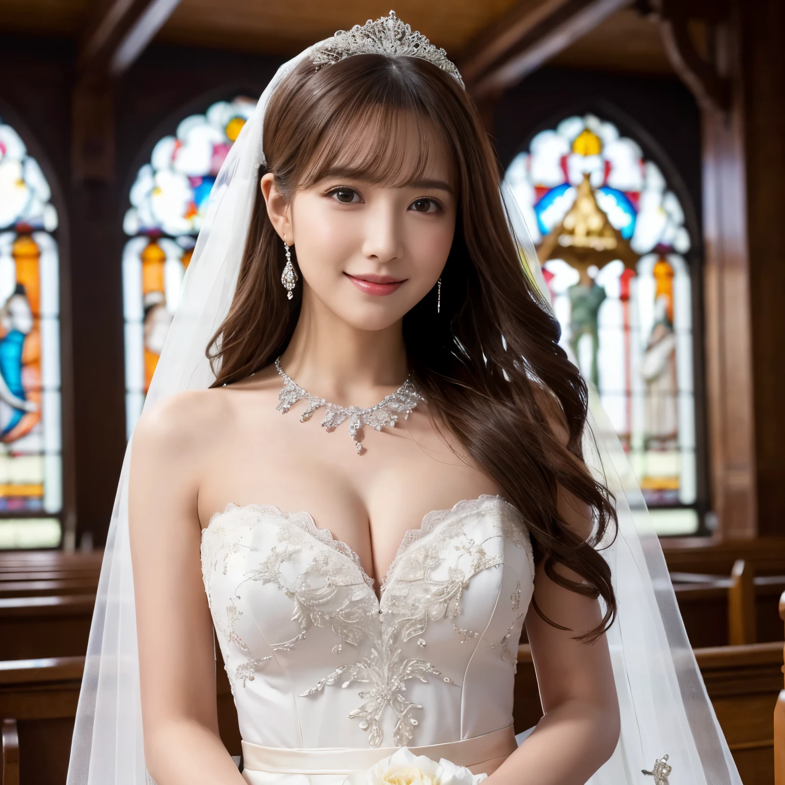 (table top、highest quality、8k、very detailed and intricate details、The most complex and detailed textures、ultra high resolution)、(One bride:1.1)、the most luxurious wedding dress、wedding lace、highest qualityの巨大なティアラ、highest qualityの巨大なネックレス、the most classy decoration、(upper body photo:1.2)、the most sacred church ceremony、elegant and modern church、Stylish and elegant contemporary church、Delicate and luxurious stained glass、upper body photo、the best smile when you look at me、the most extravagant wedding、Ultra high definition beauty face、ultra high definition hair、Super high-definition sparkling eyes、ultra high resolutionの艶やかな唇、accurate anatomy、(very bright and vivid:1.2)、(Super high-definition sparkling pure white skin:1.1)