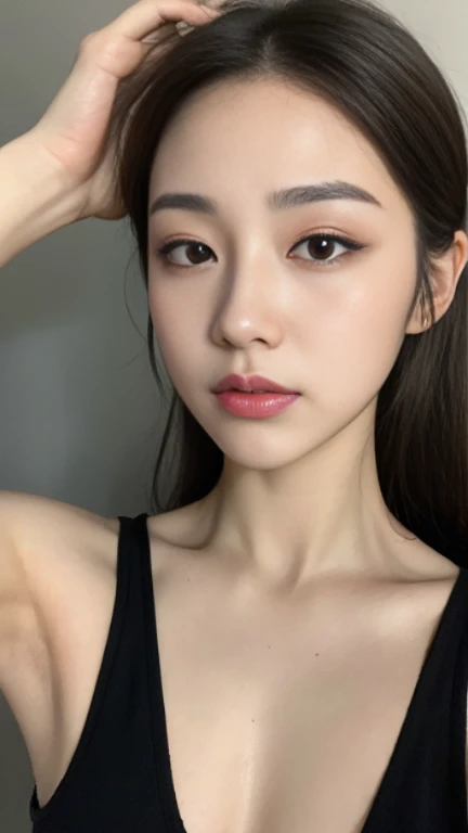 (Best Quality, 8K, 32K, Masterpiece, Ultra HD: 1.2), (K-Pop Idol: 1.3), 1 Girl, (Large: 1.2), Abs, Perfect Figure, Ultra Slender Face, Delicate Lips, Beautiful Eyes Double eyelids , (pony) （Extremely normal body，Half-tied ponytail。(black tank top) (((young girl))) ((leg up))