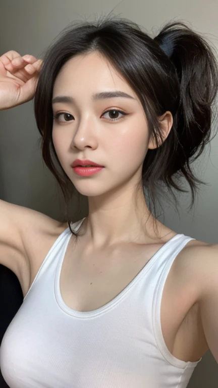(Best Quality, 8K, 32K, Masterpiece, Ultra HD: 1.2), (K-Pop Idol: 1.3), 1 Girl, (Large: 1.2), Abs, Perfect Figure, Ultra Slender Face, Delicate Lips, Beautiful Eyes Double eyelids , (pony) （Extremely normal body，Half-tied ponytail。(black tank top) (((young girl))) ((leg up))
