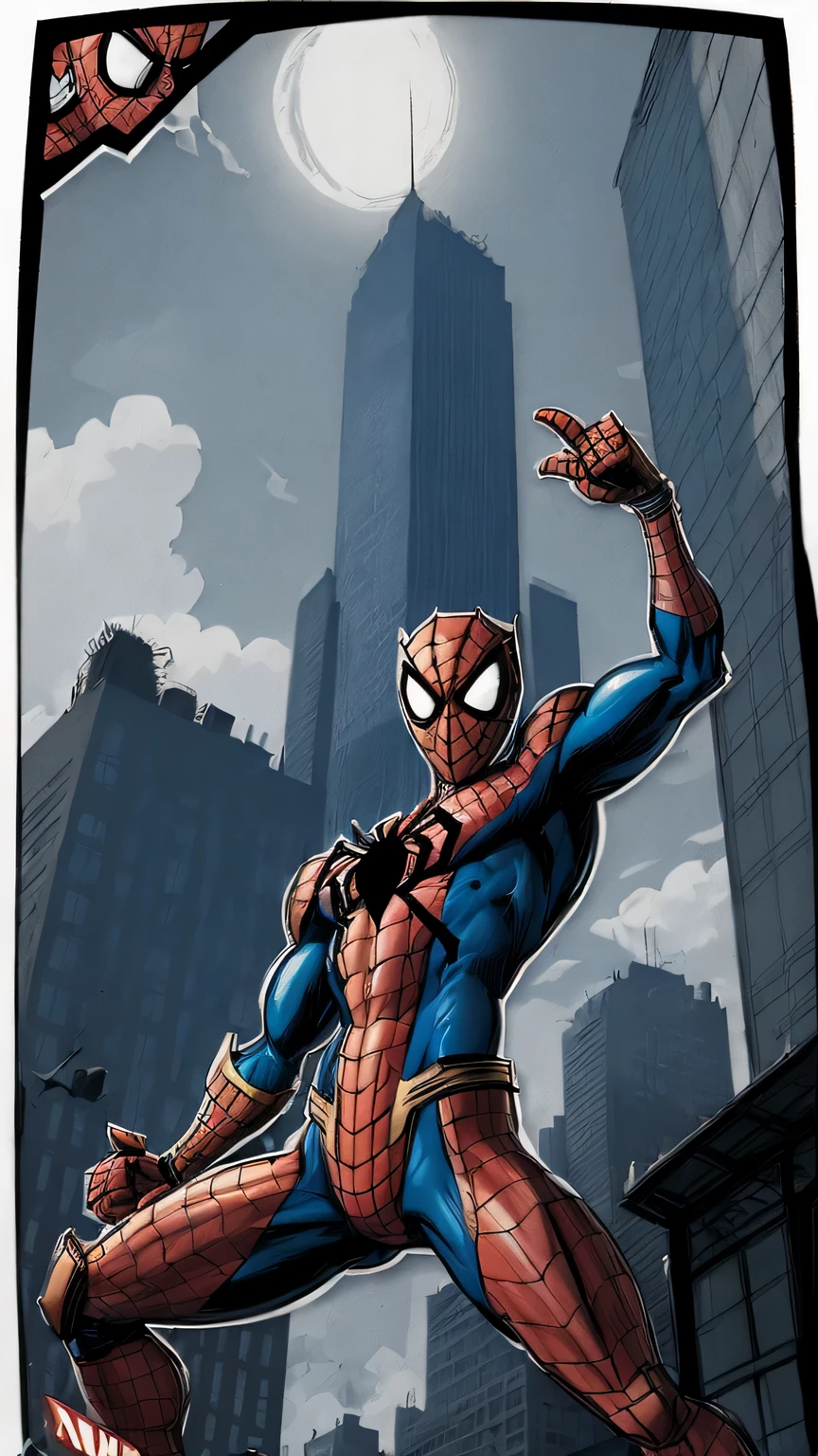 best quality,comic style: Robot Spider-Man,hero,red and blue garments,golden spider sword,new york city skyline,high-rise building,city View