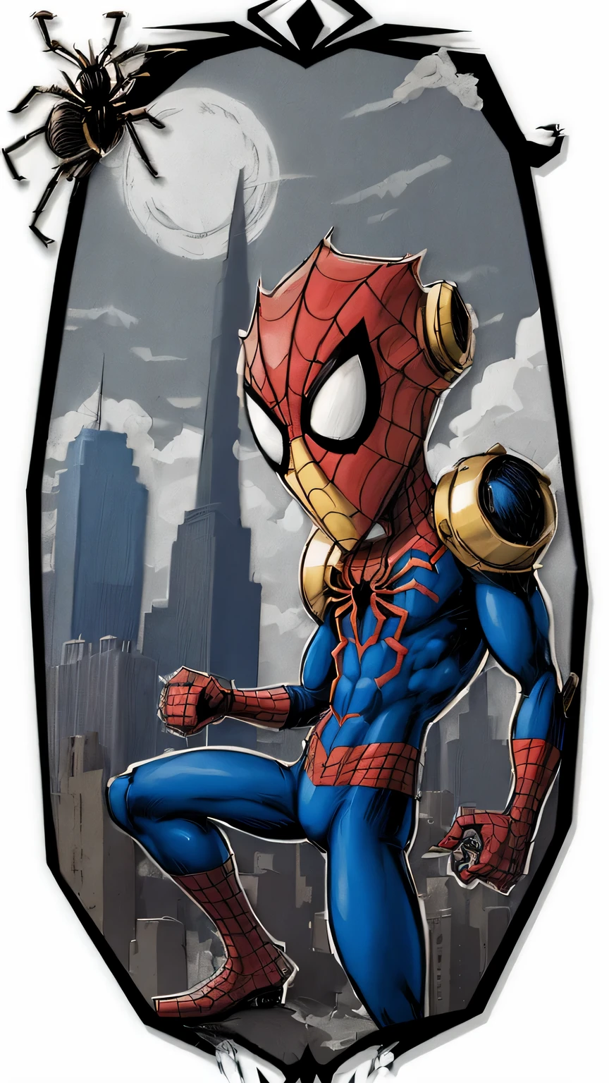best quality,comic style：spiderman,hero,red and blue garments,hanging net,spider sense,new york city skyline,high-rise building,city View