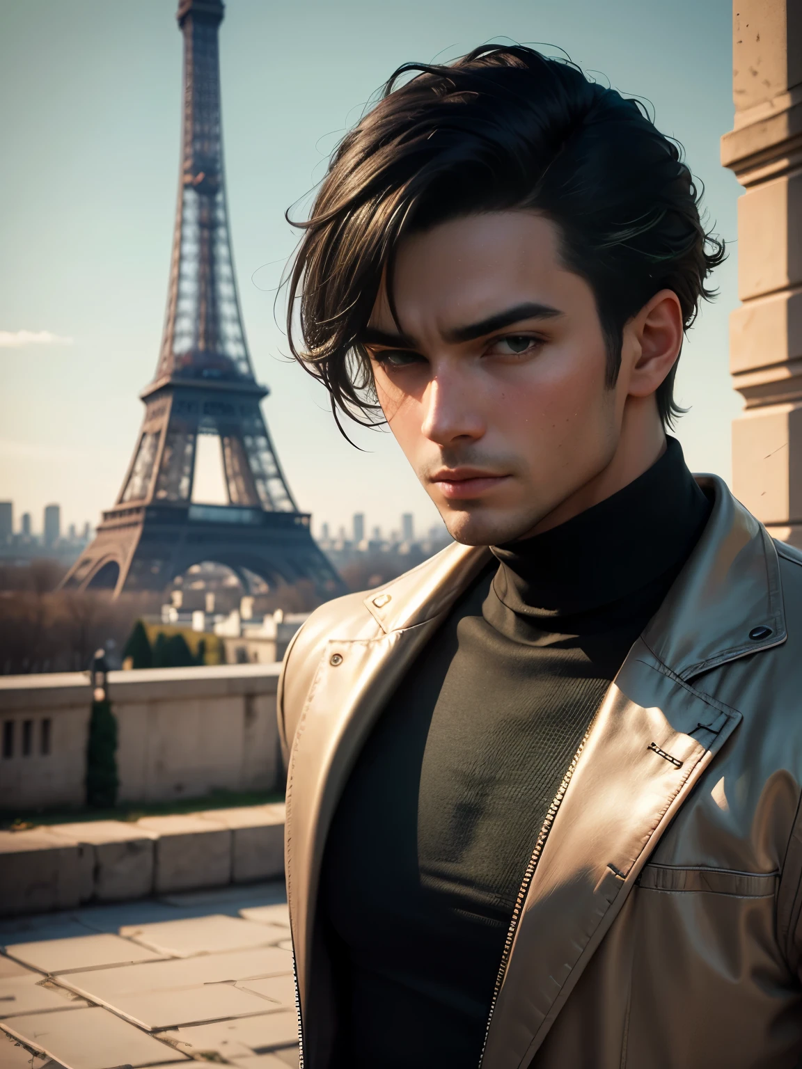 photorealistic, high resolution, 1 rugged male, slicked back hairstyle, natural tan skin, black hair, green colour turtleneck streetwear, background city of paris, Eiffel Tower, dynamic pose, dramatic, chromatic aberration.