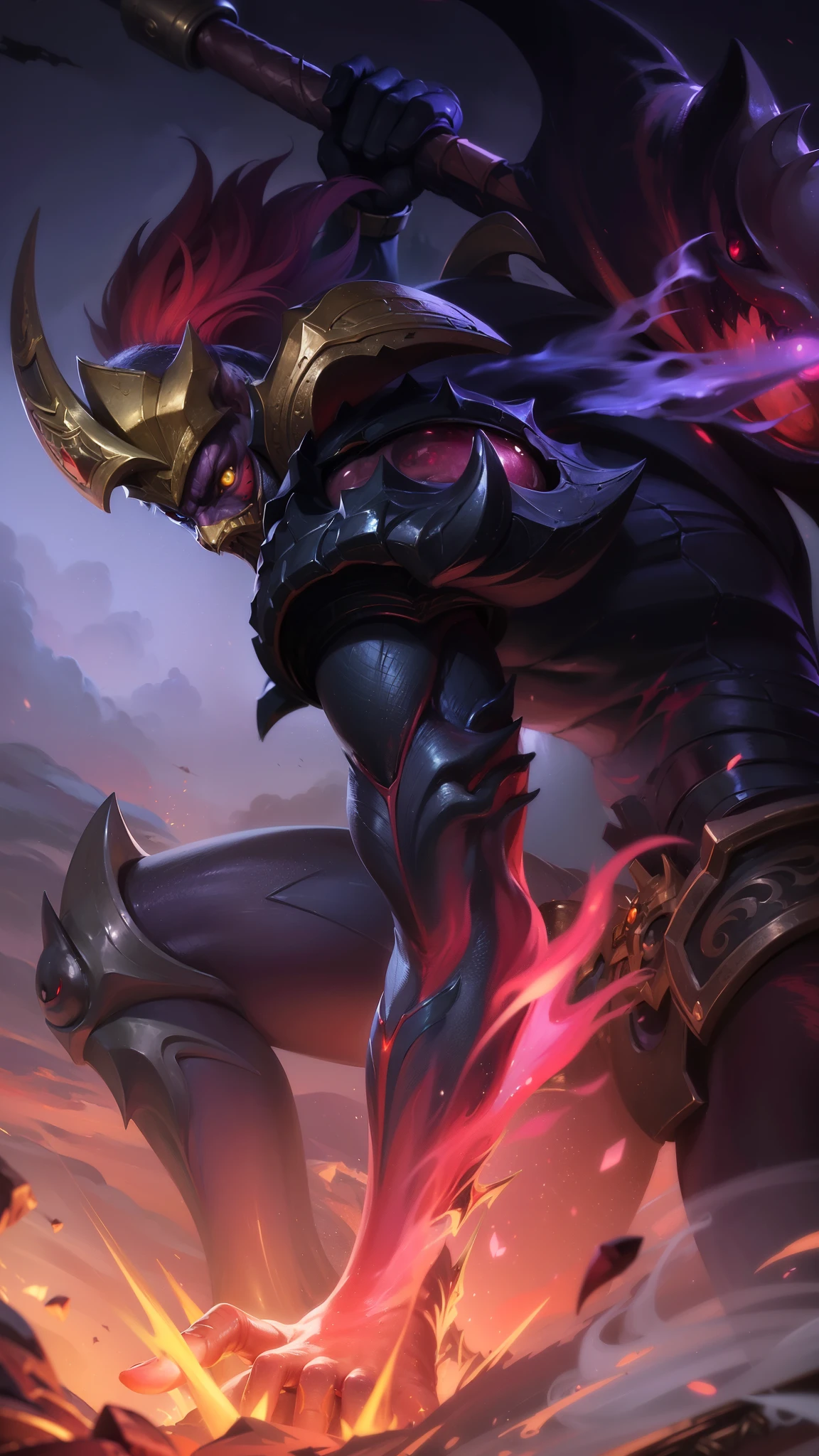 masterpiece, ((perfect eyes)) best quality, (semirealism:1.9), beautiful lighting, (extremely detailed CG unity 4k fhd wallpaper), High Detail, Sharp focus, dramatic outdoors, red short hair, 8k, realistic, scary, strong red eye glow (red eye:1.2), a close up of a person with a sword and a fire, painted portrait of mordekaiser, official splash art, splash art, nasus, league of legends concept art, league of legends splash art, riot games concept art, league of legends art, obsidians skin, league of legends character art, iconic character splash art, league of legends splashart.