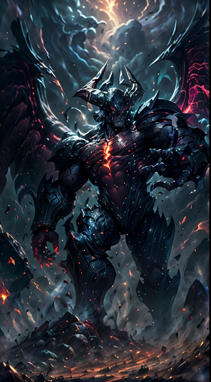 (best quality, high-res, photorealistic), Aatrox, demon wings, flaming, red aura, crackling energy, imposing figure, athletic physique, horned helmet, muscular appearance, dark atmosphere, fierce expression, intense battle, glowing eyes and tattoos, intricate armor, gigantic sword, menacing presence, epic battlefield, dynamic pose, dramatic lighting, mystical runes, surreal background, powerful presence, otherworldly warrior, ethereal glow, intimidating stance, billowing cape, divine strength, fiery battlefield, epic confrontation, mythical proportions, epic hero, unstoppable force, chaotic energy, legendary warrior, ancient warrior, wrathful deity, mythical creature, battle scars, intimidating presence, godlike power, intimidating aura, divine rage, swirling darkness, celestial being