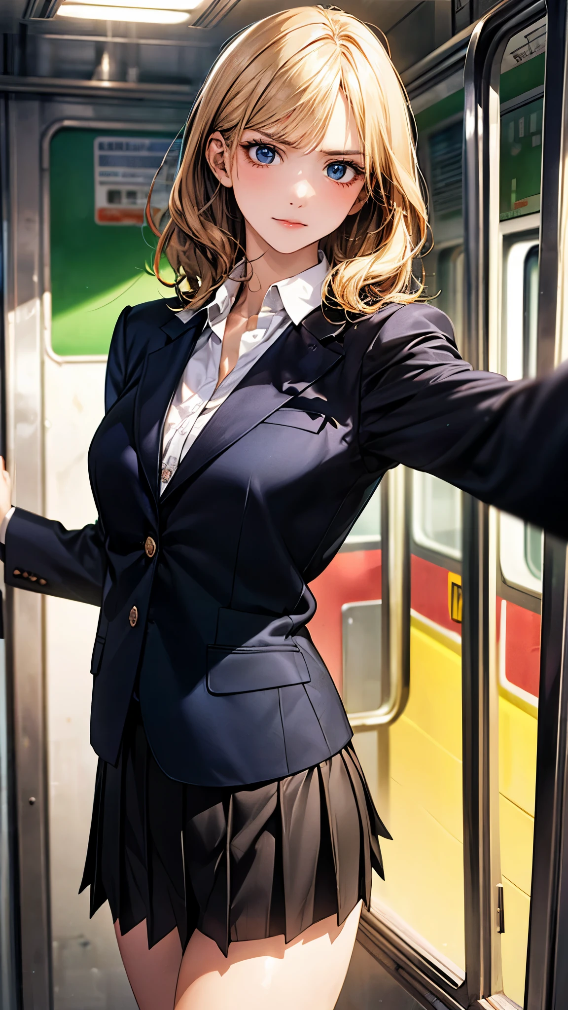 (masterpiece:1.2, top-quality), (realistic, photorealistic:1.4), beautiful illustration, (natural side lighting, movie lighting), 
looking at viewer, 1 girl, japanese, high school girl, perfect face, perfect body, cute and symmetrical face, shiny skin, babyface, 
(short hair:1.5, wavy hair:1.6, long sideburns, blond hair), asymmetrical bangs, blue eyes, slant eyes, (middle breasts, seductive thighs), , 
beautiful hair, beautiful face, beautiful detailed eyes, beautiful clavicle, beautiful body, beautiful chest, beautiful thigh, beautiful legs, beautiful fingers, 
(((black school blazer, closed blazer), white collared shirt, black box pleated skirt) ), 
(beautiful scenery), evening, (inside subway train), walking, outstretched arms, (annoyed), 