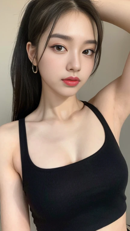 (Best Quality, 8K, 32K, Masterpiece, Ultra HD: 1.2), (K-Pop Idol: 1.3), 1 Girl, (Large: 1.2), Abs, Perfect Figure, Ultra Slender Face, Delicate Lips, Beautiful Eyes Double eyelids , (pony) （Extremely normal body，Half-tied ponytail。(black tank top) (((young girl))) ((leg up))