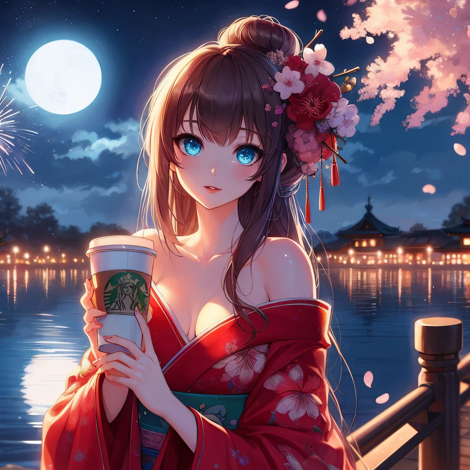 Anime girl wearing kimono holding Starbucks cup and looking at the moon, anime style 4 k, Anime Art Wallpaper 4k, anime art wallpaper 4k, anime wallpaper 4k, anime wallpaper 4k, anime art wallpaper 8k, 4k anime wallpaper, night nucleus, Beautiful anime girl, anime style. 8k, HD anime wallpaper, Beautiful anime