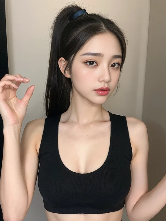 (Best Quality, 8K, 32K, Masterpiece, Ultra HD: 1.2), (K-Pop Idol: 1.3), 1 Girl, (Large: 1.2), Abs, Perfect Figure, Ultra Slender Face, Delicate Lips, Beautiful Eyes Double eyelids , (pony) （Extremely normal body，Half-tied ponytail。(black tank top) (((young girl))) ((leg up))